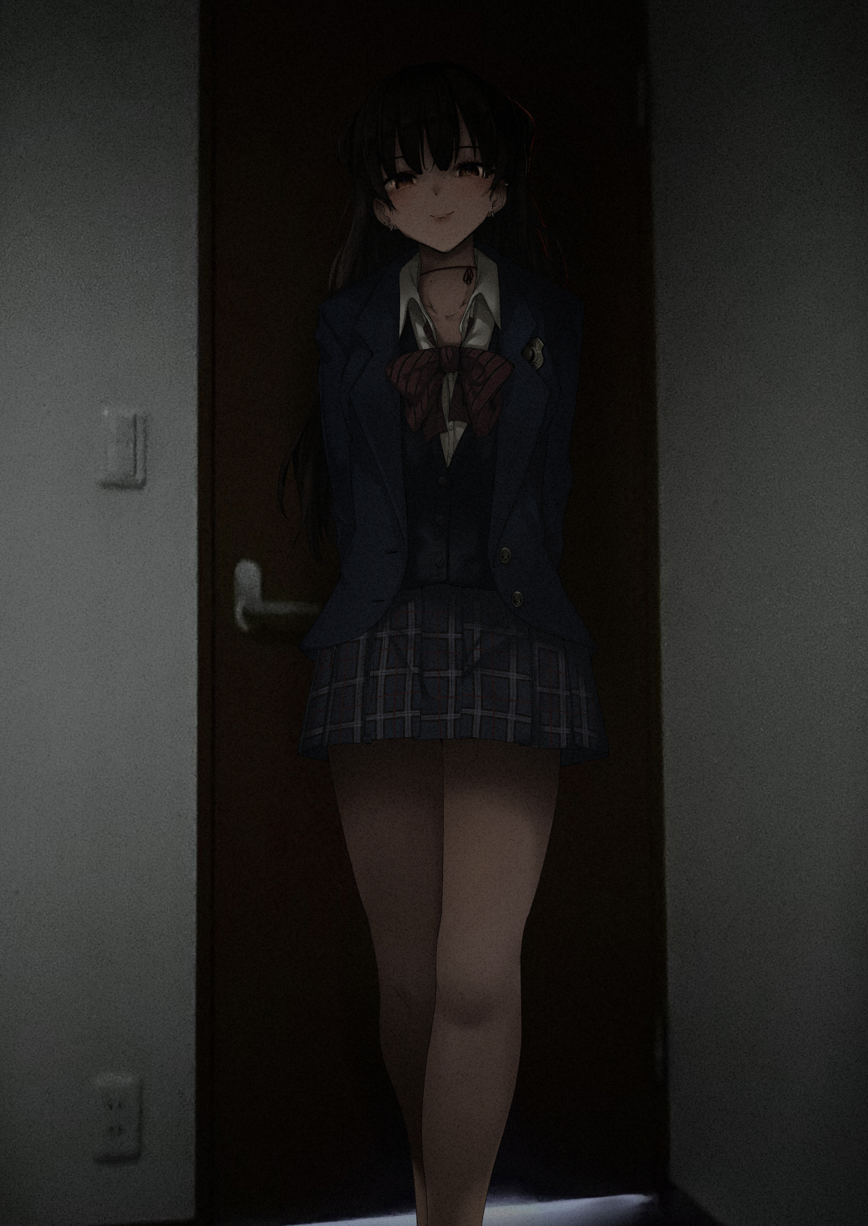 ryouma (galley), konata (kankin jk), mishiranu joshikousei ni kankin sareta mangaka no hanashi, commentary request, highres, 1girl, arms behind back, black hair, blazer, bow, bowtie, brown eyes, cardigan, collared shirt, door, feet out of frame, indoors, jacket, long hair, looking at viewer, neck ribbon, open clothes, open jacket, photo background, plaid clothes, plaid skirt, pleated skirt, ribbon, school uniform, shirt, skirt, solo, standing, striped bow, white shirt