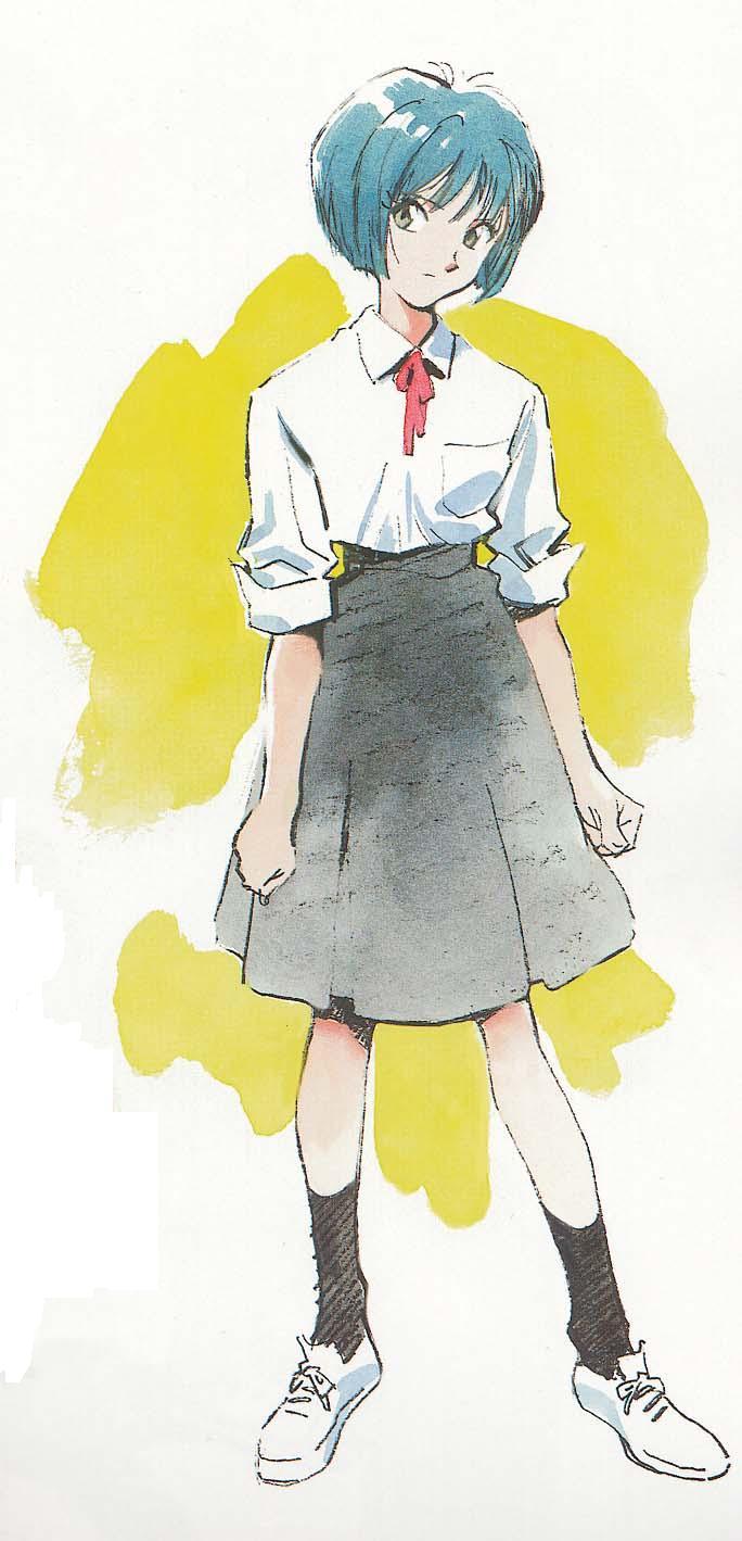 sadamoto yoshiyuki, ayanami rei, neon genesis evangelion, concept art, highres, official art, blue hair, clenched hands, school uniform