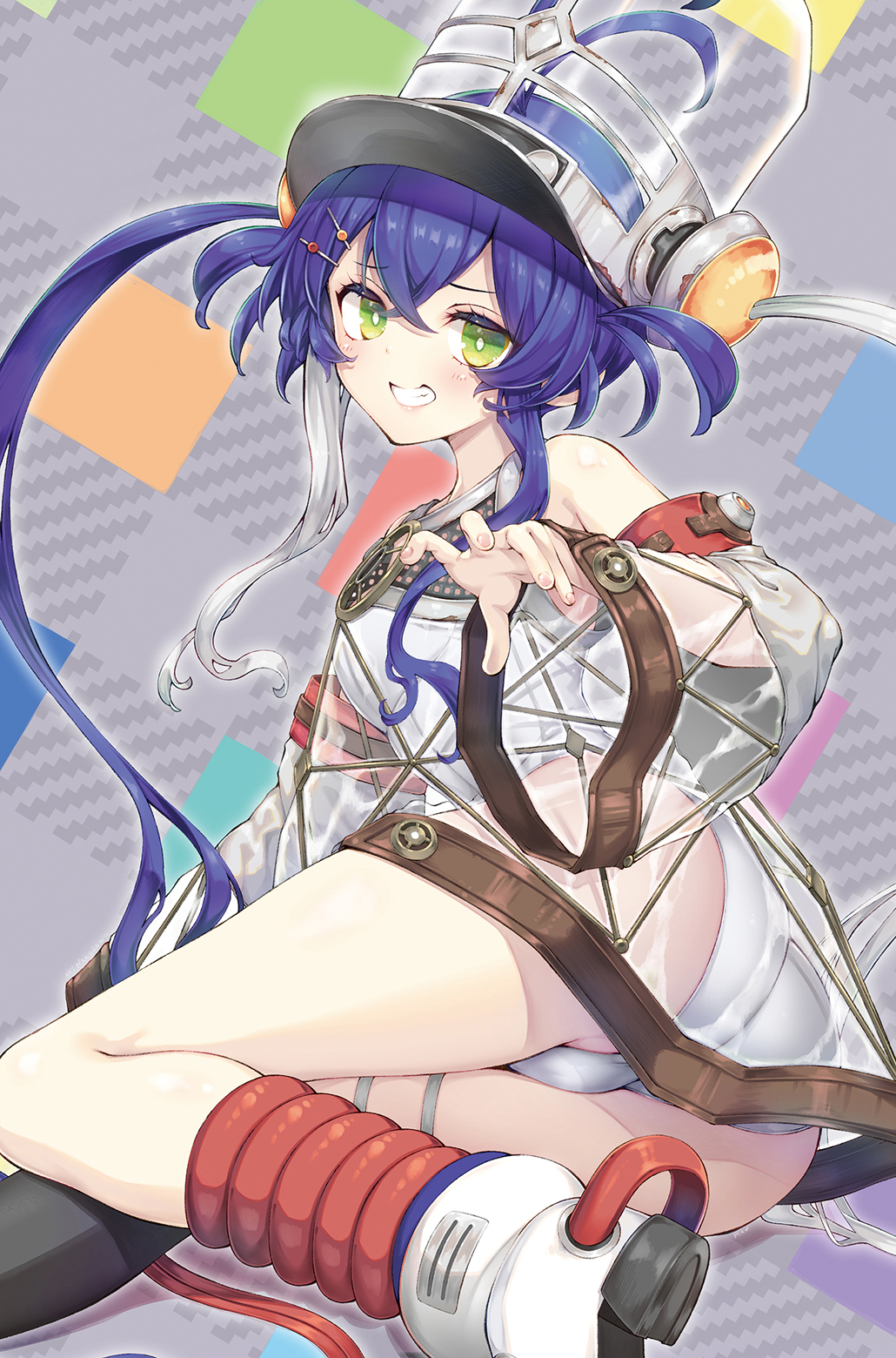 nakazawa aki, kewl tune cue, yu-gi-oh!, highres, blue hair, breasts, dress, duel monster, green eyes, hair between eyes, hat, revealing clothes, see-through clothes, see-through dress, shako cap, single bare shoulder, white sleeves