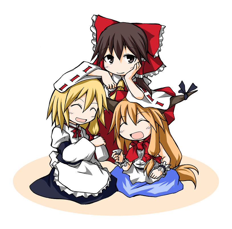ado (artist), mochizuki ado, hakurei reimu, ibuki suika, kirisame marisa, touhou, 3girls, alcohol, black hair, blonde hair, brown eyes, brown hair, female focus, horns, multiple girls, orange hair, sake