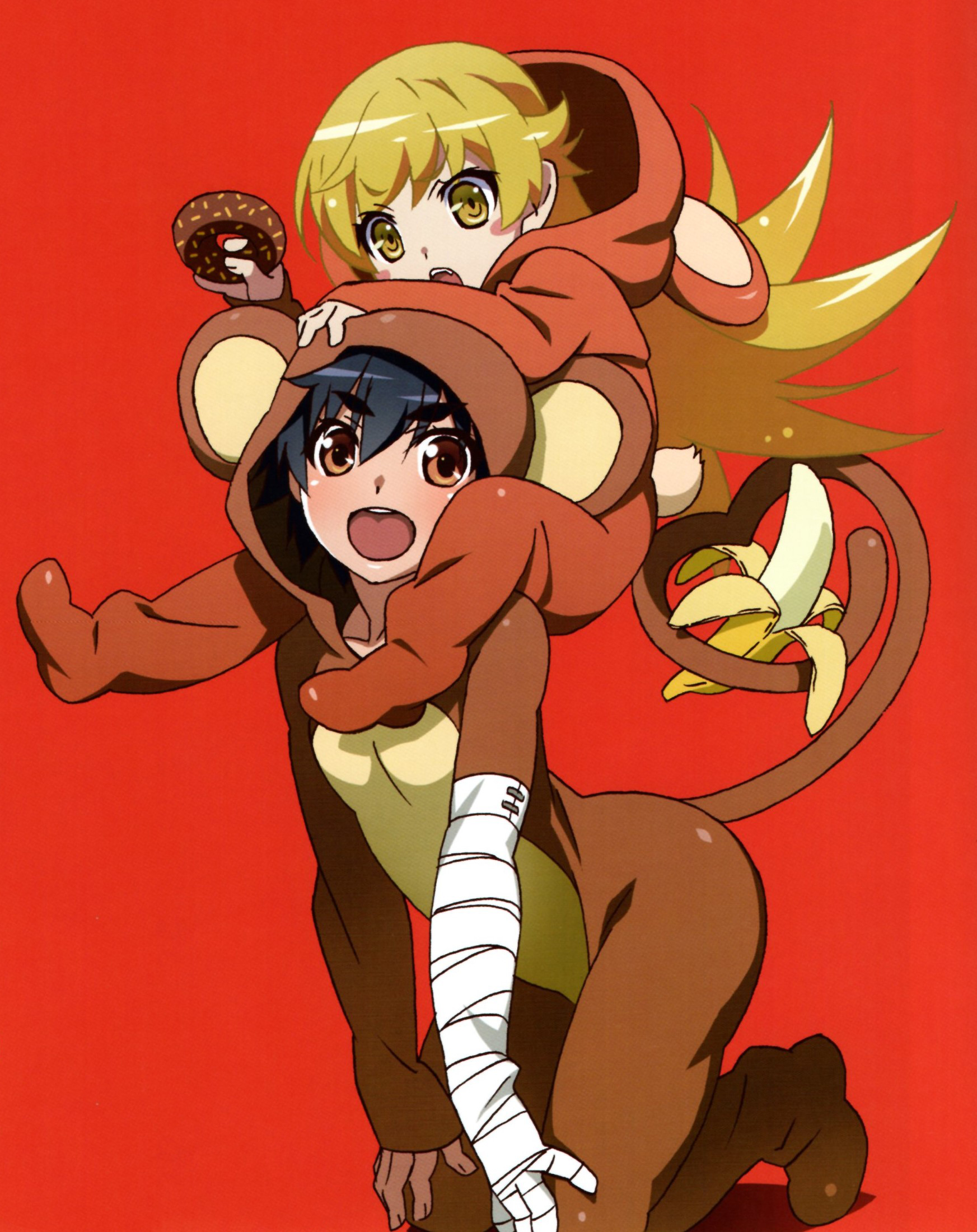 kanbaru suruga, oshino shinobu, monogatari (series), highres, non-web source, official art, scan, 2girls, :d, :o, animal costume, banana, bandaged arm, bandages, bear costume, bear tail, black hair, blonde hair, blush, blush stickers, brown eyes, carrying, chocolate donut, collarbone, donut, flipped hair, food, frown, fruit, hair between eyes, hair flaps, hair through hood, hand on another's head, hand up, hands on own thighs, happy, height difference, holding, holding donut, holding food, holding with tail, hood, hood down, hood up, kneeling, long hair, looking at another, looking at viewer, monkey costume, multiple girls, open mouth, pajamas, pointy ears, prehensile tail, red background, ringed eyes, round teeth, short hair, shoulder carry, simple background, sitting, sitting on person, smile, tail, teeth, thick eyebrows, upper teeth only, v-shaped eyebrows, very long hair