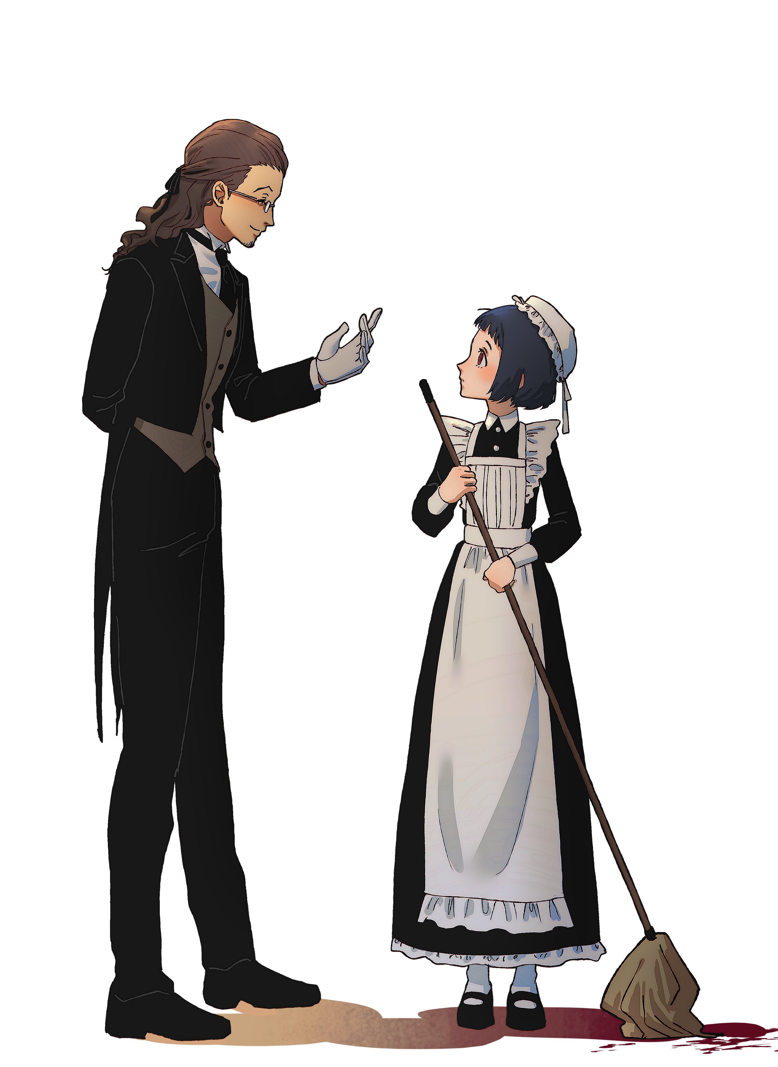 ikutsuki shuuji, original, persona, persona 3, absurdres, commentary request, highres, korean commentary, 1boy, 1girl, apron, black pants, black shoes, blue hair, brown hair, butler, facial hair, glasses, gloves, hair ribbon, hat, holding, holding mop, jikanet tanaka, maid, maid apron, mob cap, mop, moria (jikanet tanaka), pants, red eyes, ribbon, shoes, simple background, standing, tailcoat, vest, white gloves