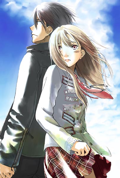 hinoru saikusa, original, 1boy, 1girl, back-to-back, black hair, brown hair, buttons, cloud, day, long hair, looking back, pink eyes, plaid clothes, plaid skirt, skirt, sky, wind