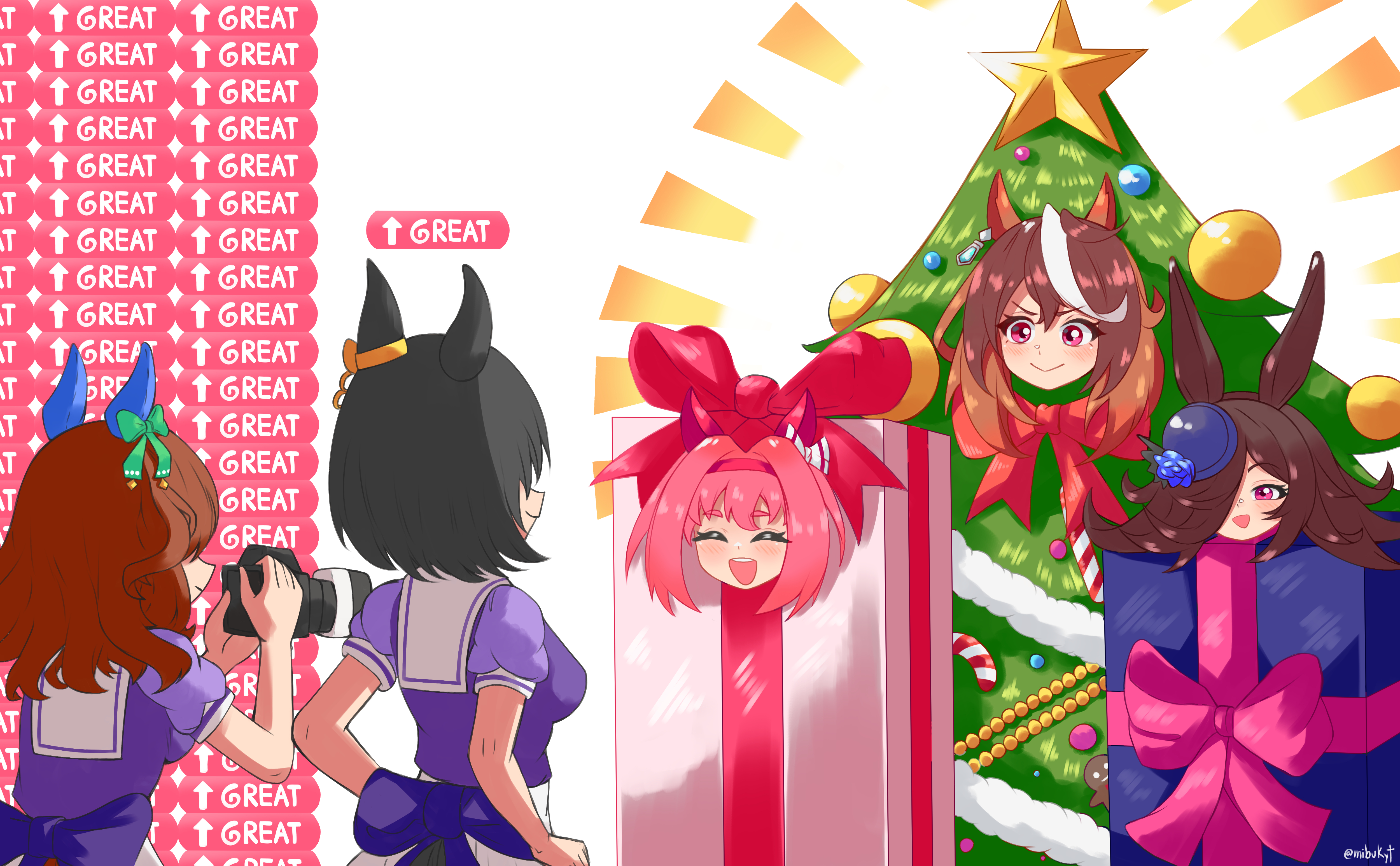 mibukyt, air groove (umamusume), haru urara (umamusume), king halo (umamusume), rice shower (umamusume), symboli rudolf (christmas emperor tree) (umamusume), symboli rudolf (umamusume), umamusume, absurdres, highres, 5girls, animal ears, blue flower, blue rose, blush, bow, box, breasts, brown hair, camera, candy, candy cane, christmas ornaments, christmas star, christmas tree, christmas tree costume, closed eyes, closed mouth, ear bow, ear covers, ear ribbon, flipped hair, flower, food, gift, gift box, gingerbread man, green bow, hair between eyes, hair over one eye, hairband, hat, hat flower, headband, holding, holding camera, horse ears, horse girl, horse tail, long hair, looking at viewer, mood (umamusume), multicolored hair, multiple girls, open mouth, pink bow, pink hair, pink headband, puffy short sleeves, puffy sleeves, purple bow, purple eyes, purple shirt, red bow, red headband, rose, sailor collar, sailor shirt, school uniform, shirt, short hair, short sleeves, skirt, smile, streaked hair, tail, taking picture, tilted headwear, tracen school uniform, tree costume, white hair, white sailor collar, white skirt