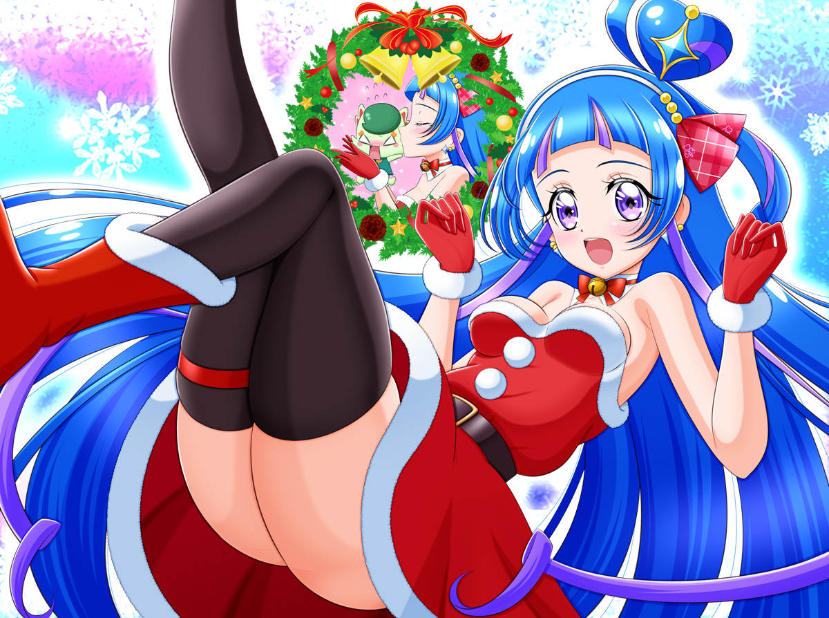 shadohomuun, aokaze nana, cure wink, kimi to idol precure, precure, 1girl, alternate costume, black thighhighs, blue hair, boots, breasts, cleavage, dress, fur-trimmed dress, fur trim, leg up, long hair, looking at viewer, pink streaks, purple eyes, red boots, santa costume, santa dress, small breasts, solo, thigh strap, thighhighs, very long hair