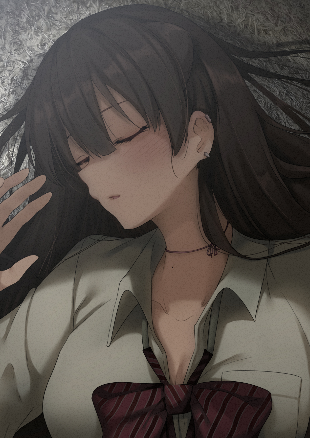 ryouma (galley), konata (kankin jk), mishiranu joshikousei ni kankin sareta mangaka no hanashi, commentary request, highres, 1girl, black hair, blush, bow, bowtie, breast pocket, breasts, cleavage, collared shirt, ear piercing, large breasts, long hair, lying, mole, mole on neck, neck ribbon, on back, on floor, parted lips, piercing, pocket, ribbon, shirt, sleeping, solo, upper body, white shirt