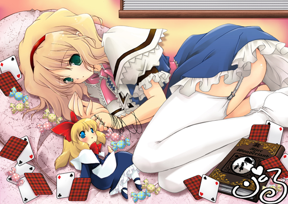 little (izumi little), ritoru, alice margatroid, shanghai doll, touhou, bad id, bad pixiv id, 2girls, blonde hair, blue eyes, book, doll, female focus, garter belt, green eyes, hairband, long hair, multiple girls, short hair, thighhighs