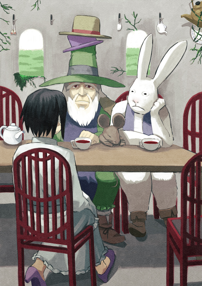 shouhei, alice (alice in wonderland), dormouse (wonderland), mad hatter (alice in wonderland), march hare (wonderland), alice's adventures in wonderland, bad id, bad pixiv id, hat, party, sitting, tea, teapot