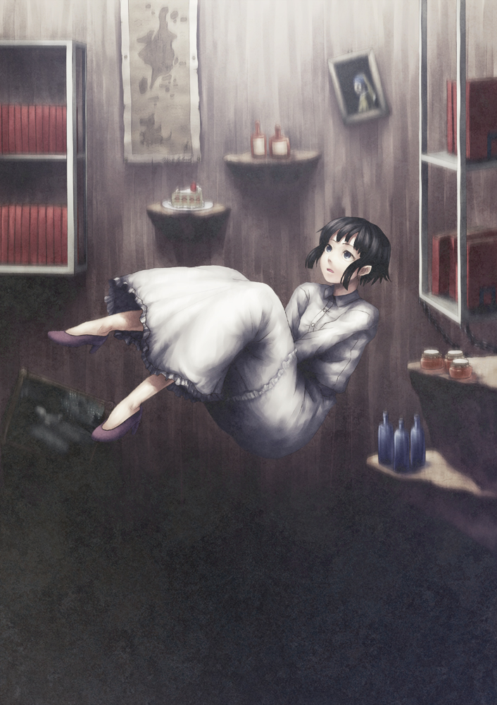 shouhei, alice (alice in wonderland), alice's adventures in wonderland, girl with a pearl earring, bad id, bad pixiv id, black hair, blue eyes, book, bookshelf, bottle, cake, falling, fine art parody, food, parody, pastry, shoes, solo