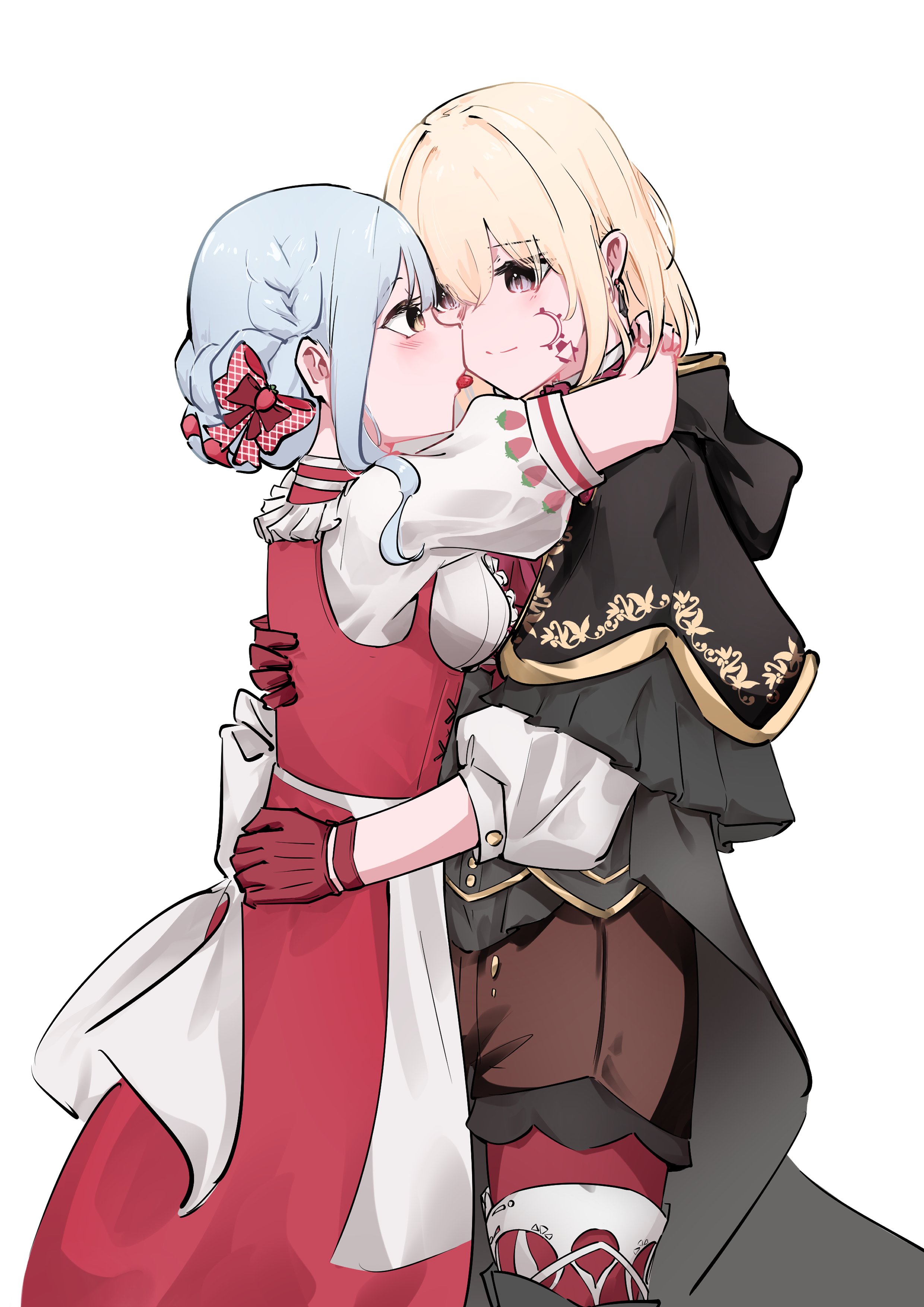 aver (yumenokessho), doloris (bang dream!), misumi uika, togawa sakiko, bang dream!, bang dream! it's mygo!!!!!, sweets paradise, absurdres, commentary request, highres, 2girls, arms around neck, black capelet, blonde hair, blue hair, bow, brown shorts, capelet, dress, gloves, hands on another's waist, medium hair, mouth hold, multiple girls, pantyhose, pinafore dress, pink bow, purple eyes, red dress, red gloves, red pantyhose, shirt, shorts, simple background, sleeveless, sleeveless dress, smile, white background, white shirt, y iris30, yellow eyes, yumenokessho, yuri