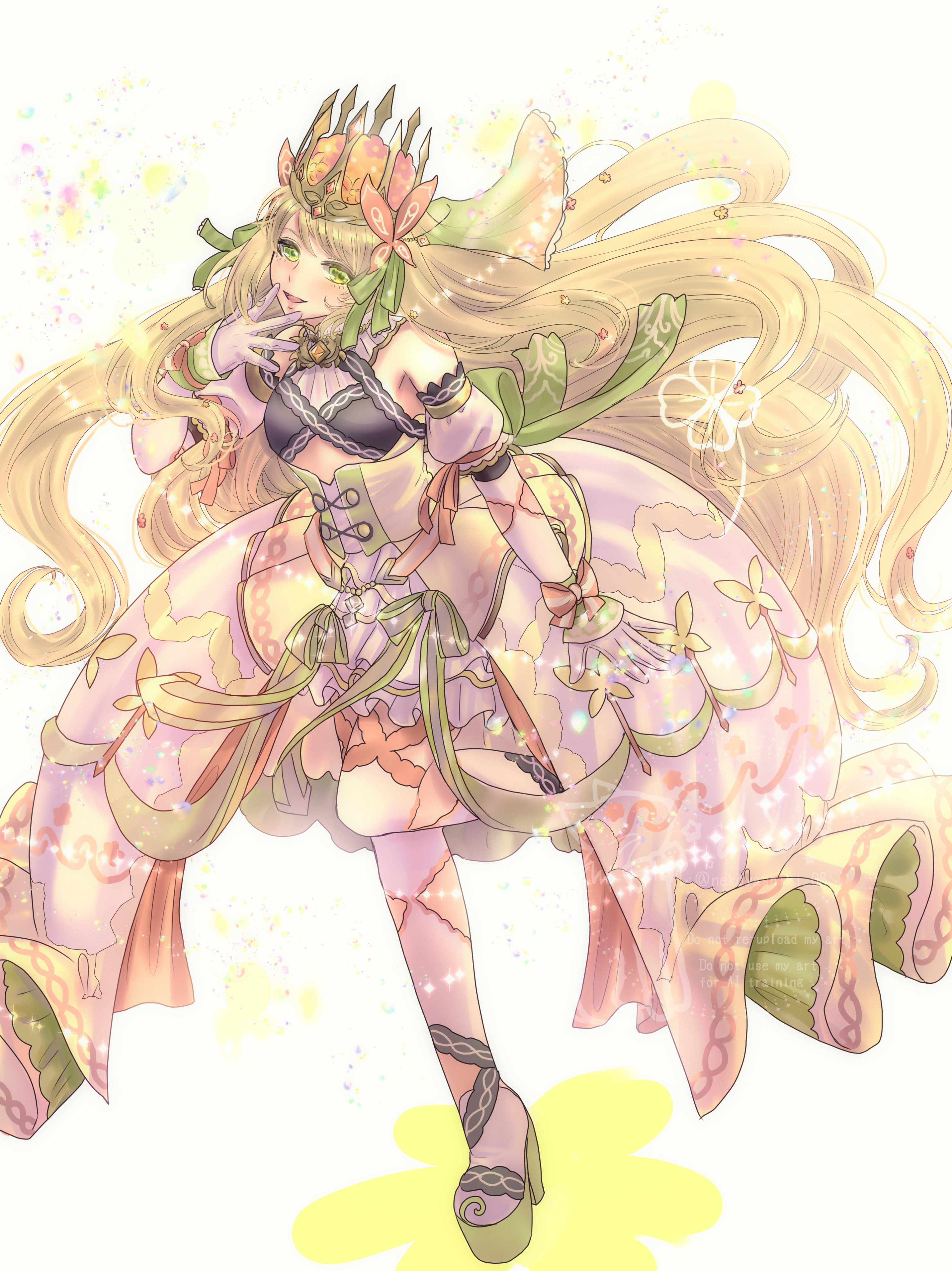nekoyashiki 08, celine (fire emblem), fire emblem, fire emblem engage, nintendo, absurdres, commentary request, highres, 1girl, :d, bare shoulders, blonde hair, bow, breasts, butterfly hair ornament, crown, dress, elbow gloves, flower, gloves, green eyes, green ribbon, hair flower, hair ornament, hair ribbon, leg up, long hair, looking at viewer, open mouth, orange bow, platform sandals, ribbon, sandals, skirt, skirt under dress, small breasts, smile, solo, standing, standing on one leg, very long hair, white background, white gloves, white skirt, wrist bow