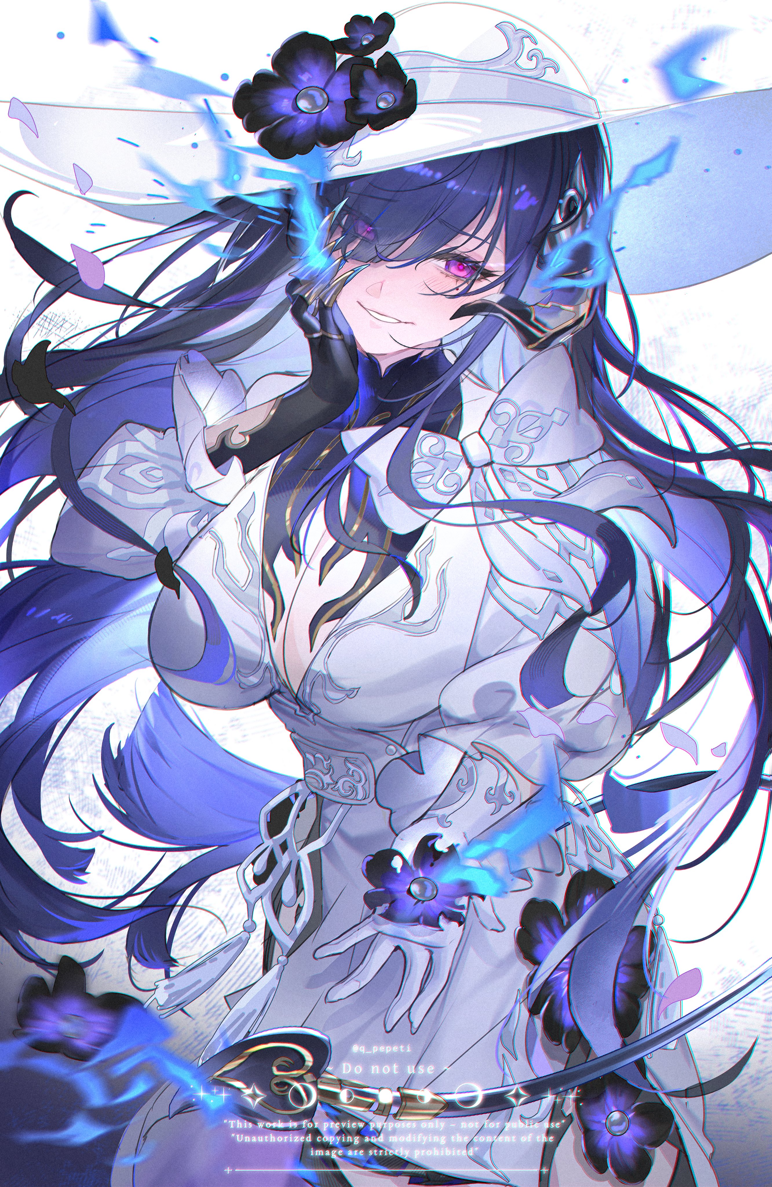 pepeti q, honkai: star rail, honkai (series), absurdres, highres, 1girl, asymmetrical gloves, black claws, blue fire, breasts, claws, cleavage, demon horns, demon tail, dress, evil smile, fire, flower, gloves, hair over one eye, hand up, hat, hat flower, horns, large breasts, long hair, mismatched gloves, mole, mole under eye, purple eyes, purple hair, reaching, reaching towards viewer, smile, solo, sun hat, tail, the dahlia (honkai: star rail), white background, white dress, white hat