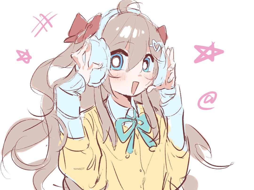 lexingzi, neuro-sama, 1girl, :d, @ (symbol), ahoge, alternate costume, aqua ribbon, blue eyes, blush, bow, brown hair, cardigan, collared shirt, curly hair, earmuffs, hair between eyes, hair bow, hair ornament, hands on headwear, hashtag, heart, heart hair ornament, looking at viewer, neck ribbon, open mouth, red bow, ribbon, shirt, simple background, sleeves past wrists, smile, solo, star (symbol), two side up, upper body, vedal ai, white background, white shirt, wide-eyed, yellow cardigan