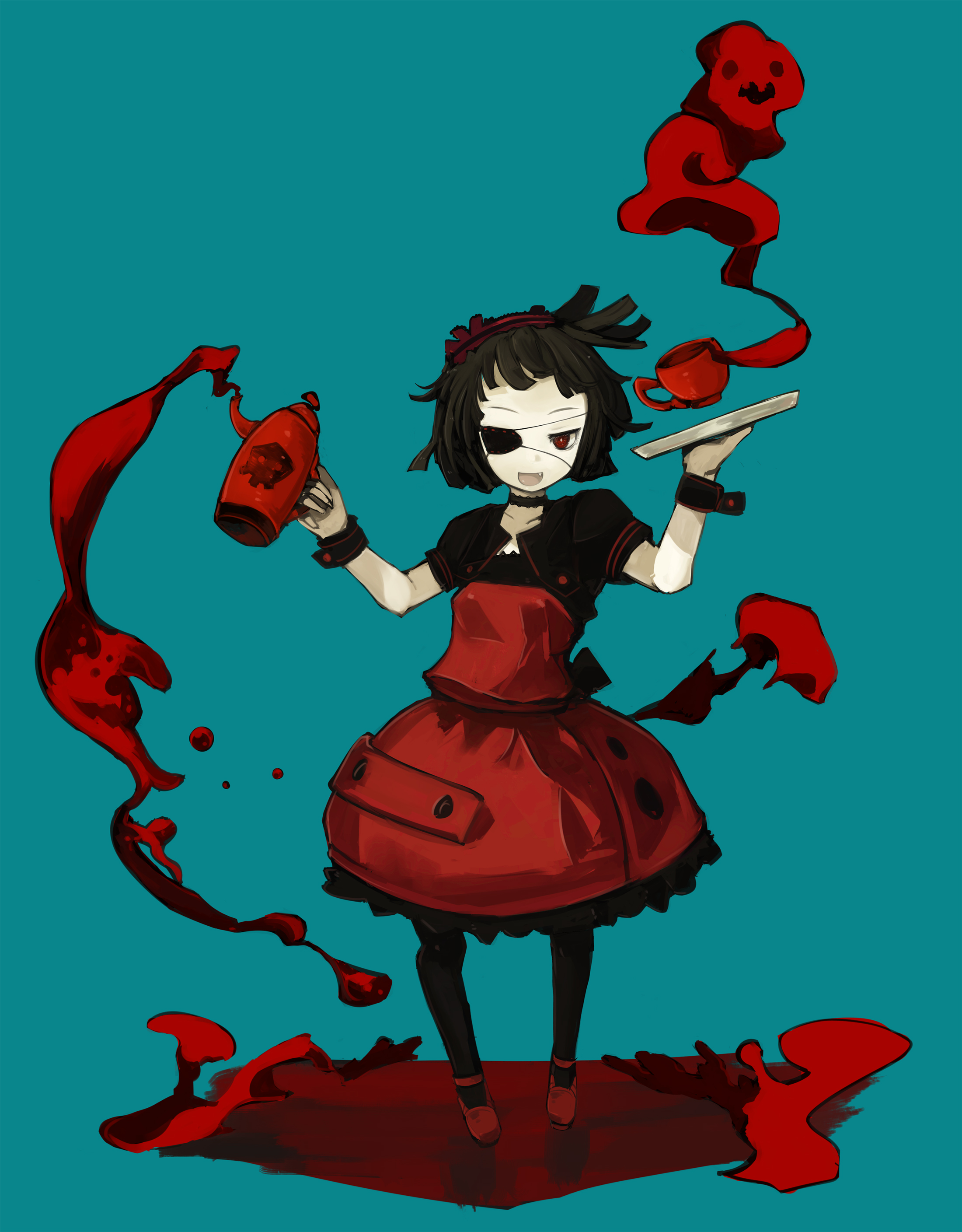 nekotewi, original, absurdres, bad id, bad pixiv id, highres, black hair, choker, cup, dress, eyepatch, fang, gothic lolita, hairband, lolita fashion, red eyes, short hair, skull, solo, teacup, teapot, tray, wrist cuffs