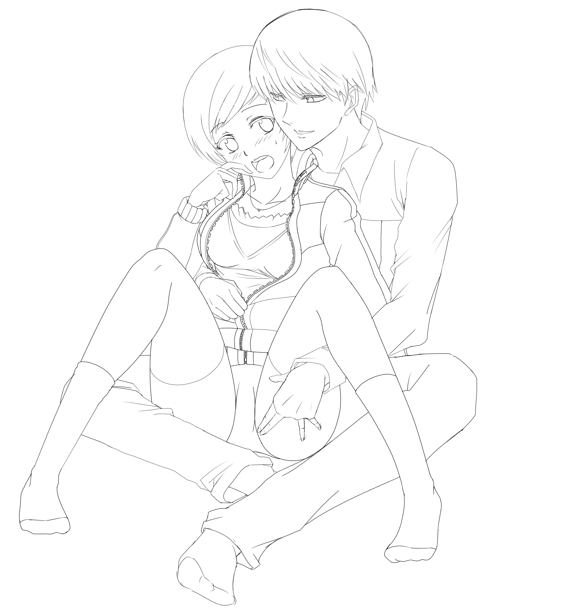 suta furachina, narukami yu, satonaka chie, atlus, persona, persona 4, absurdres, highres, 1boy, 1girl, blush, buruma, couple, from behind, greyscale, gym uniform, hand to own mouth, hetero, jacket, lineart, monochrome, school uniform, short hair, sitting, smile, spread legs, sweatdrop, unzipping