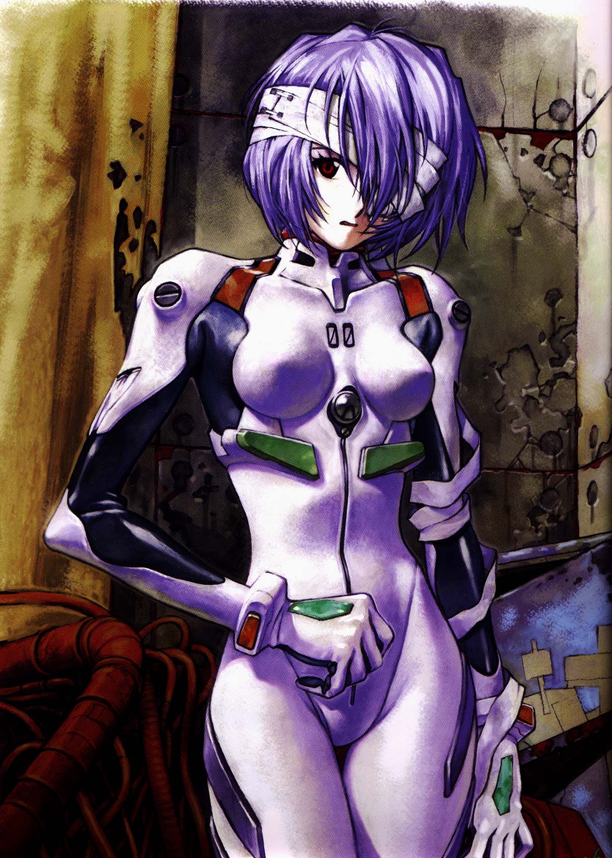 ayanami rei, neon genesis evangelion, highres, official art, 1girl, bandages, blue hair, female focus, mecha pilot suit, plugsuit (evangelion), red eyes, solo