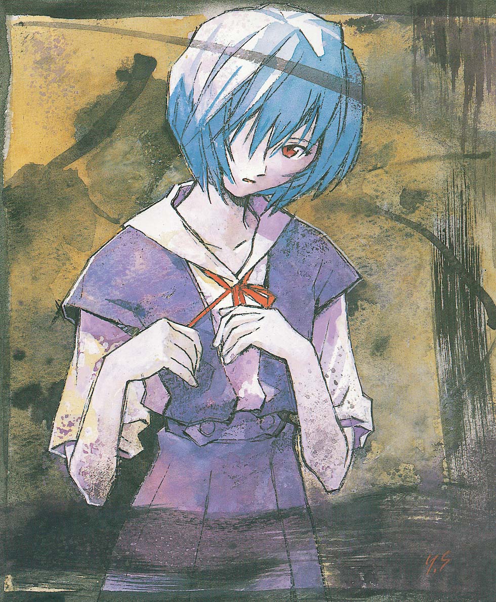 ayanami rei, neon genesis evangelion, cleaned, official art, tagme, 1girl, blue hair, female focus, red eyes, school uniform, solo