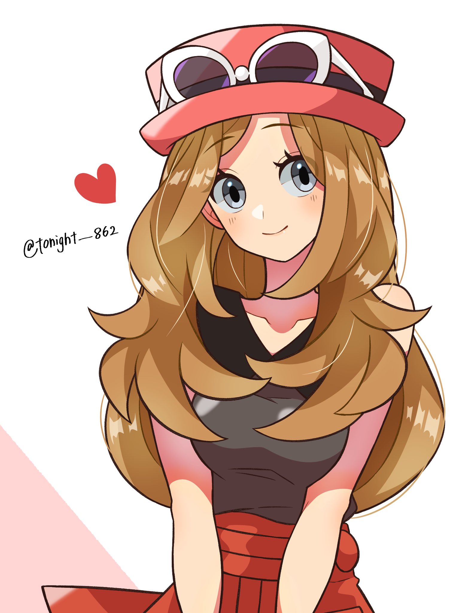 rain (tonight 862), serena (pokemon), nintendo, pokemon, pokemon xy, highres, 1girl, bare shoulders, black shirt, blonde hair, blush, breasts, closed mouth, collarbone, eyewear on headwear, grey eyes, hat, heart, long hair, looking at viewer, medium breasts, pink hat, red hat, red skirt, shirt, skirt, sleeveless, sleeveless shirt, smile, solo, sunglasses, white-framed eyewear