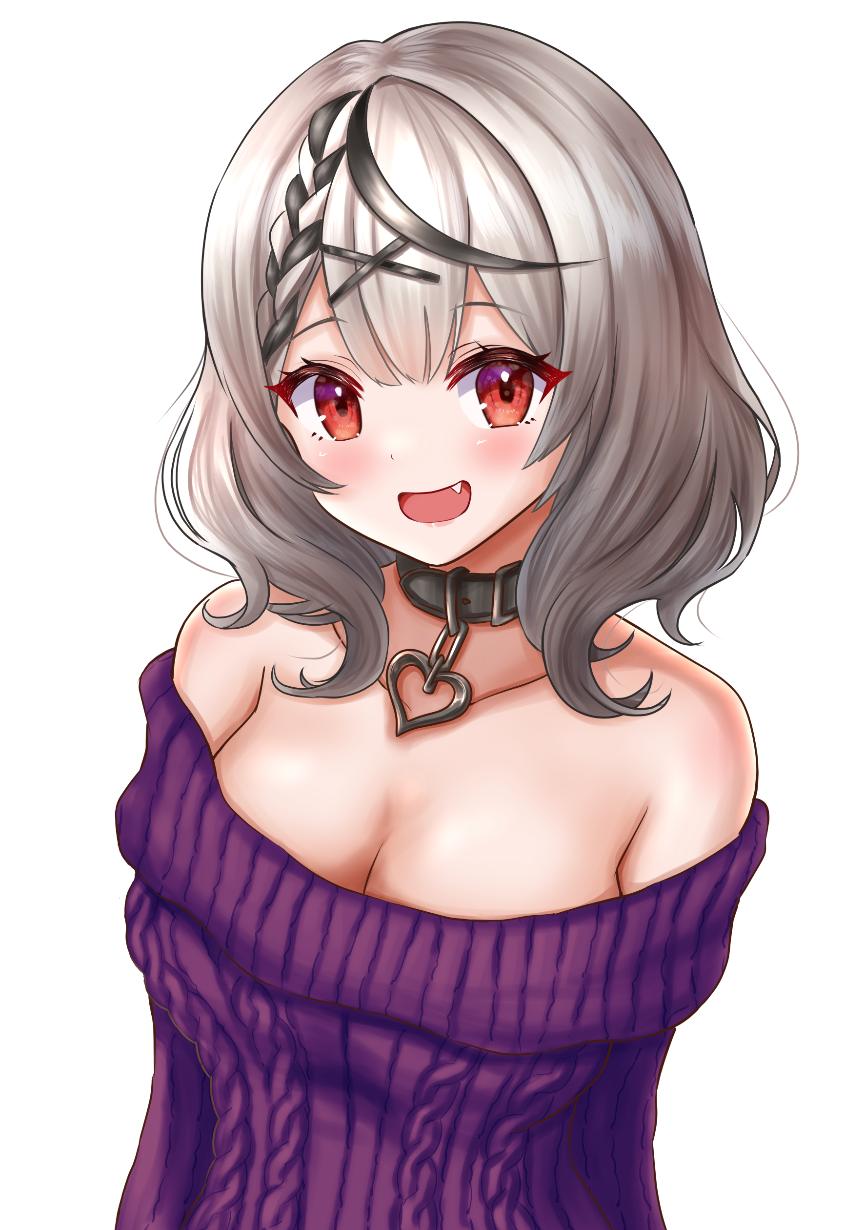 urushinuri, sakamata chloe, hololive, absurdres, highres, 1girl, :d, aran sweater, armpit crease, bare shoulders, black collar, black streaks, blush, braid, breasts, cable knit, cleavage, collar, collarbone, fang, grey hair, hair ornament, heart collar, large breasts, looking at viewer, multicolored hair, off-shoulder sweater, off shoulder, open mouth, purple sweater, red eyes, ribbed sweater, short hair, smile, solo, streaked hair, sweater, transparent background, two-tone hair, upper body, virtual youtuber, x hair ornament