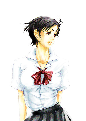 otonashi saya, blood+, artist request, 00s, black hair, bow, brown eyes, school uniform, shirt, short hair, skirt, solo, white shirt