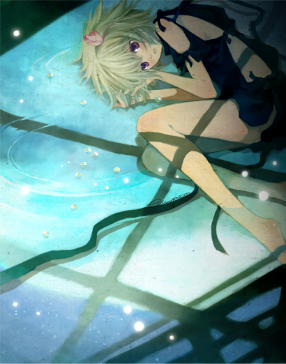 ren (fragile), fragile, fragile: sayonara tsuki no haikyo, namco, 1girl, barefoot, female focus, fetal position, flower, hair flower, hair ornament, lying, no panties, purple eyes, shadow, solo, water, white hair