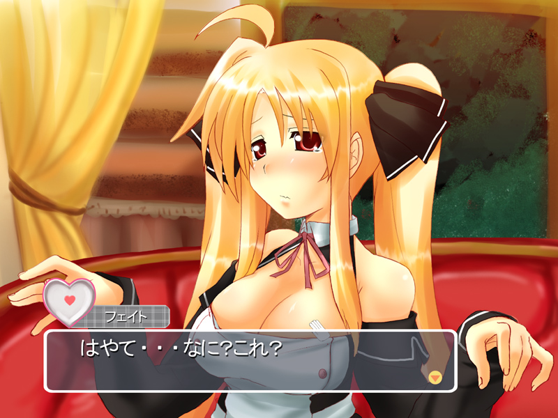iga tamaki, fate testarossa, mian (dream c club), dream c club, dream c club (series), lyrical nanoha, mahou shoujo lyrical nanoha, mahou shoujo lyrical nanoha strikers, translated, 1girl, blonde hair, blush, breasts, cleavage, cosplay, detached sleeves, fake screenshot, female focus, mian (dream c club) (cosplay), parody, red eyes, solo, twintails, visual novel, waitress