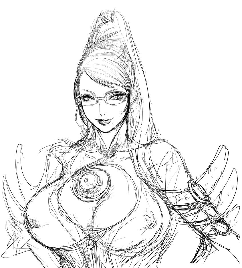chinbotsu, bayonetta, bayonetta (series), glasses, hair bun, long hair, mole, single hair bun, sketch