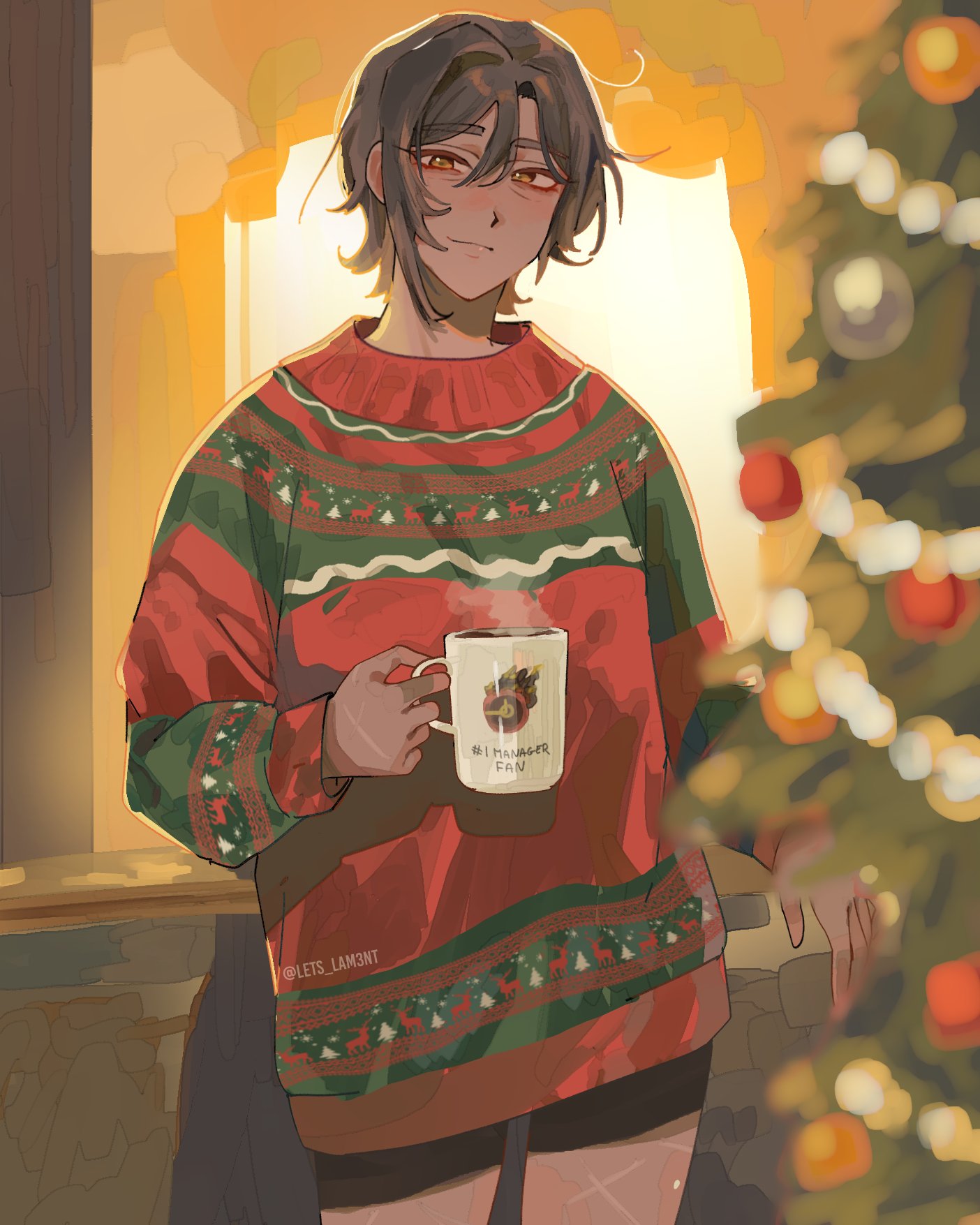 lets lam3nt, outis (project moon), limbus company, project moon, highres, brown hair, christmas, christmas sweater, christmas tree, closed mouth, cup, dark-skinned female, dark skin, holding, holding cup, looking at viewer, mug, parted bangs, short hair, smile, sweater, twitter username, yellow eyes