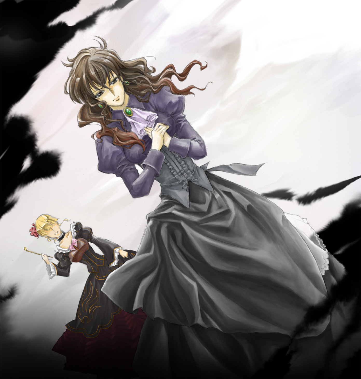 matokichi, beatrice (umineko), ushiromiya natsuhi, umineko no naku koro ni, highres, 00s, 2girls, blonde hair, brown eyes, brown hair, choker, dress, frills, kiseru, long hair, multiple girls, necktie, short hair, smoking pipe