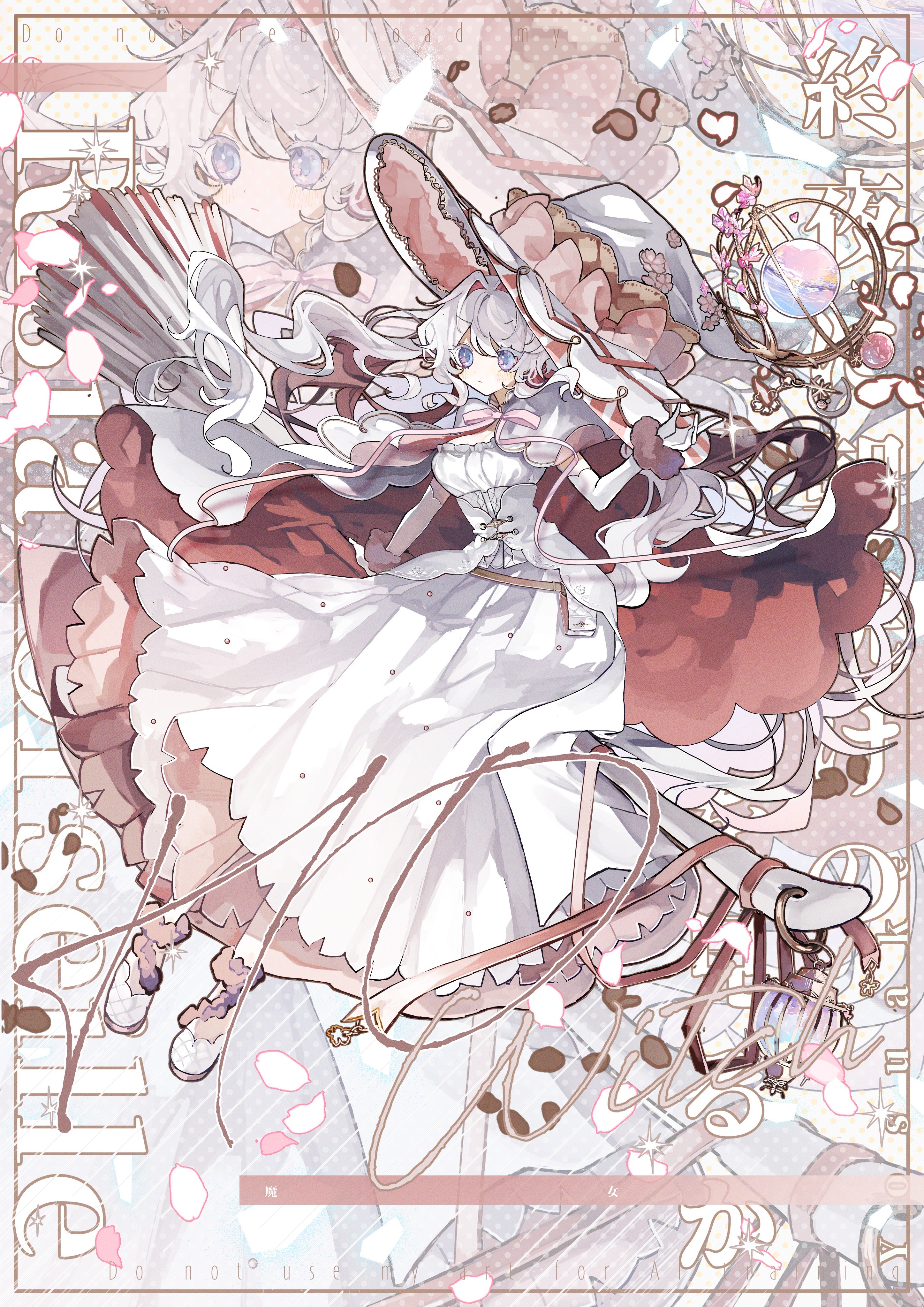 original, absurdres, highres, blue hair, broom, cape, corset, falling petals, flower, fur trim, hat, kmkm trpg, petals, ribbon, wavy hair, white hair, witch, witch hat