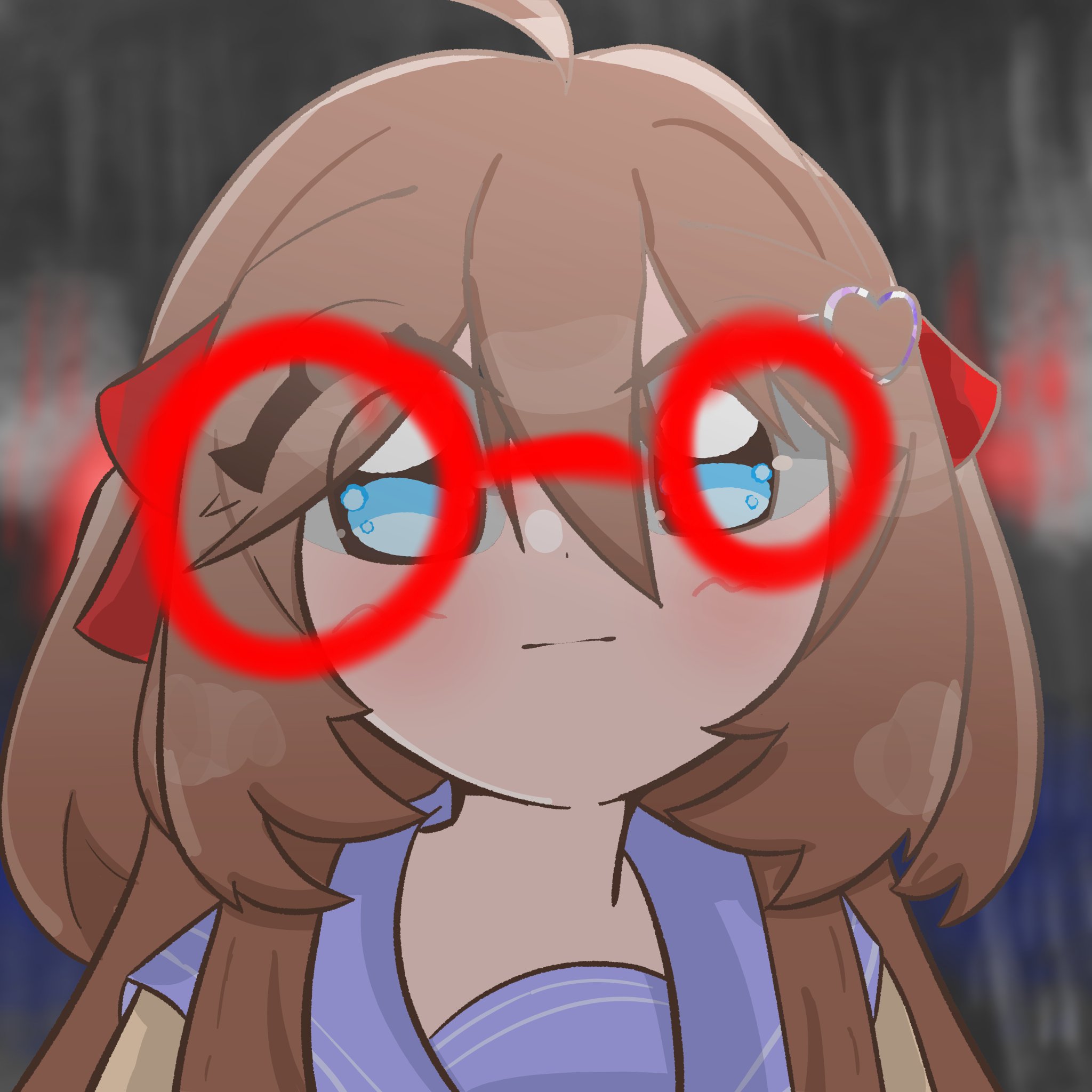neuro-sama, highres, ahoge, blue eyes, blue sailor collar, blurry, blurry background, brown hair, cardigan, closed mouth, double-parted bangs, drawn eyewear, hair between eyes, hair ornament, hair ribbon, heart, heart hair ornament, light blush, long hair, looking at viewer, portrait, rayahulgalu, red ribbon, ribbon, sailor collar, two side up, vedal ai, wide-eyed, yellow cardigan