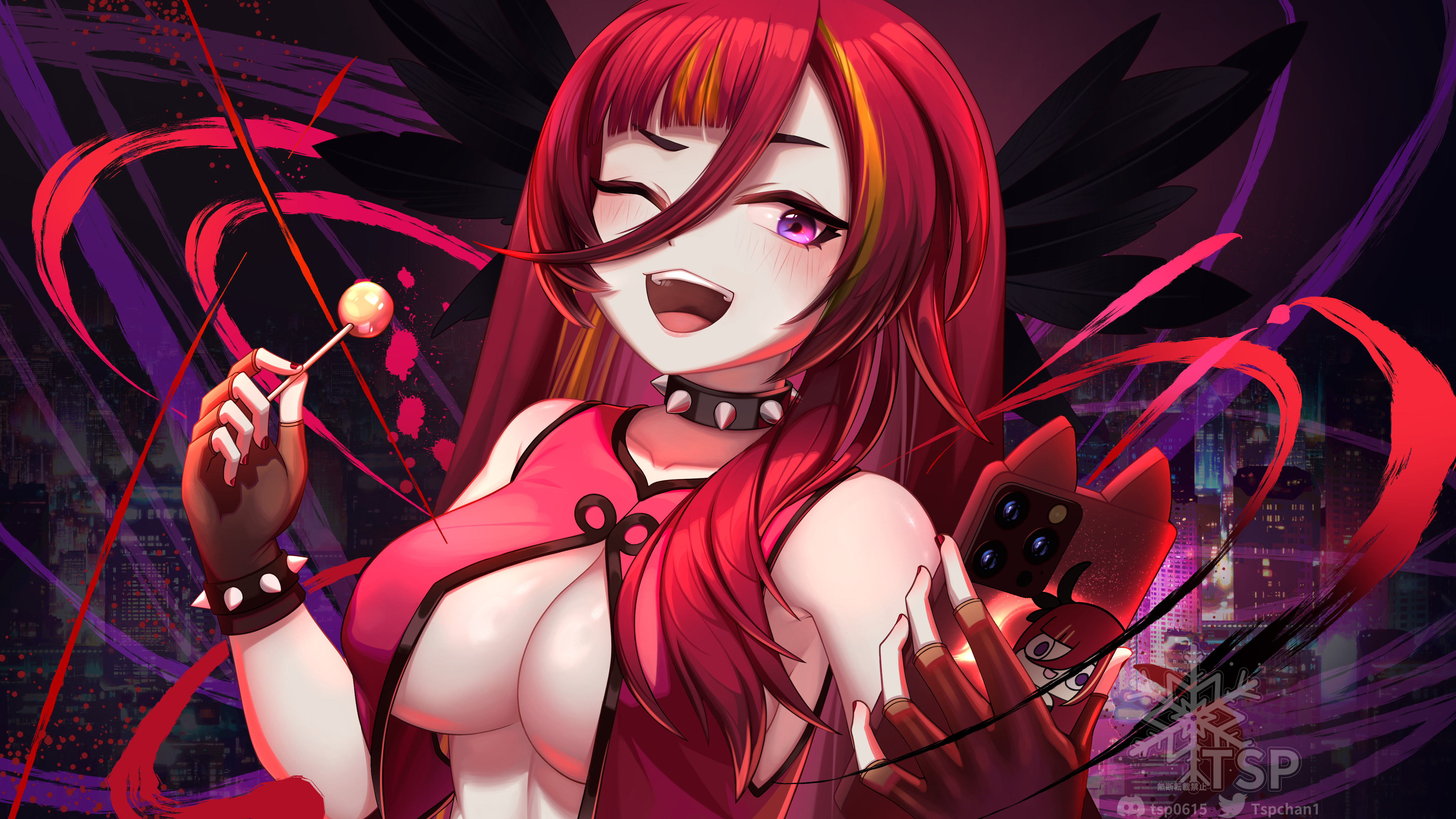 tsp, cygnus (jishenkong jihua), jishenkong jihua, absurdres, highres, 1girl, abstract background, armpits, artist logo, artist name, bracelet, breasts, brush stroke, candy, cleavage, collar, discord username, fingerless gloves, food, gloves, jewelry, logo, lollipop, multicolored hair, open mouth, orange hair, phone, purple eyes, red hair, red vest, revealing clothes, skyline, sleeveless, solo, spiked bracelet, spiked collar, spikes, upper body, vest, virtual youtuber