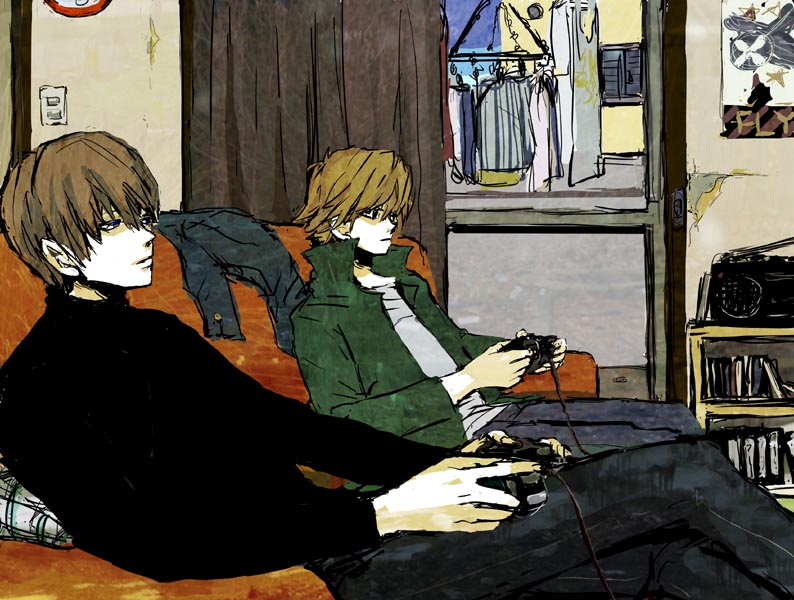 jonouchi katsuya, kaiba seto, sony, yu-gi-oh!, yu-gi-oh! duel monsters, non-web source, 2boys, blonde hair, brown hair, game console, male focus, multiple boys, playing games, playstation 2, video game