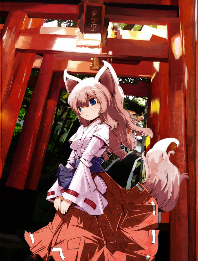 hitsuji (artist), original, animal ears, blue eyes, brown hair, fox ears, fox tail, japanese clothes, miko, solo, tail, torii