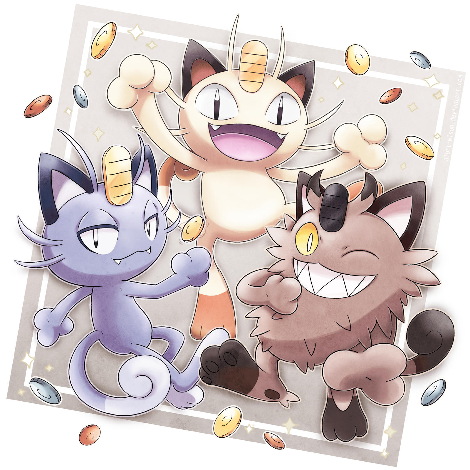 albrt-wlson, alolan meowth, galarian meowth, meowth, nintendo, pokemon, commentary, english commentary, highres, alolan form, animal focus, closed mouth, coin, colored sclera, fangs, galarian form, gen 1 pokemon, gen 7 pokemon, gen 8 pokemon, gold, koban (gold), no humans, one eye closed, open mouth, outline, pokemon (creature), pokemon focus, sharp teeth, smile, sparkle, teeth, white eyes, white outline, yellow sclera