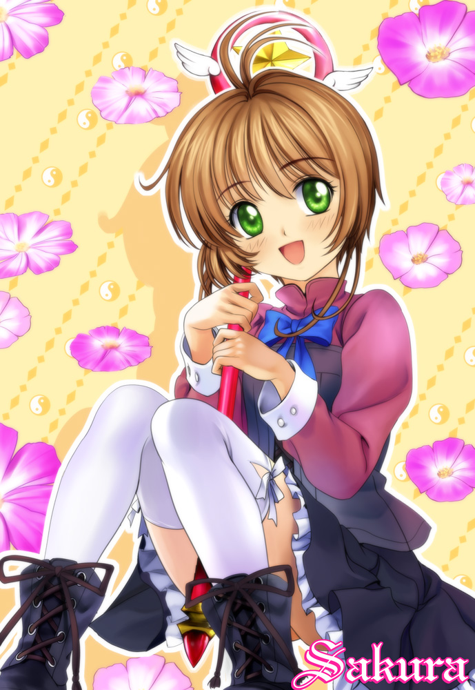 mutsuki (moonknives), kinomoto sakura, cardcaptor sakura, ahoge, blush, boots, bow, brown hair, green eyes, hoshi no tsue, open mouth, skirt, thighhighs, zettai ryouiki
