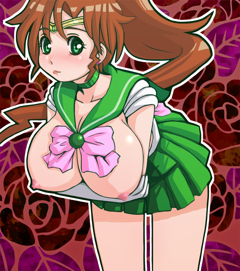 ebi tendon, kino makoto, sailor jupiter, bishoujo senshi sailor moon, 1990s (style), 1girl, bow, breasts, brown hair, choker, earrings, elbow gloves, female focus, gloves, green eyes, green skirt, jewelry, large breasts, long hair, magical girl, nipples, pink bow, ponytail, retro artstyle, skirt, solo, tiara, white gloves