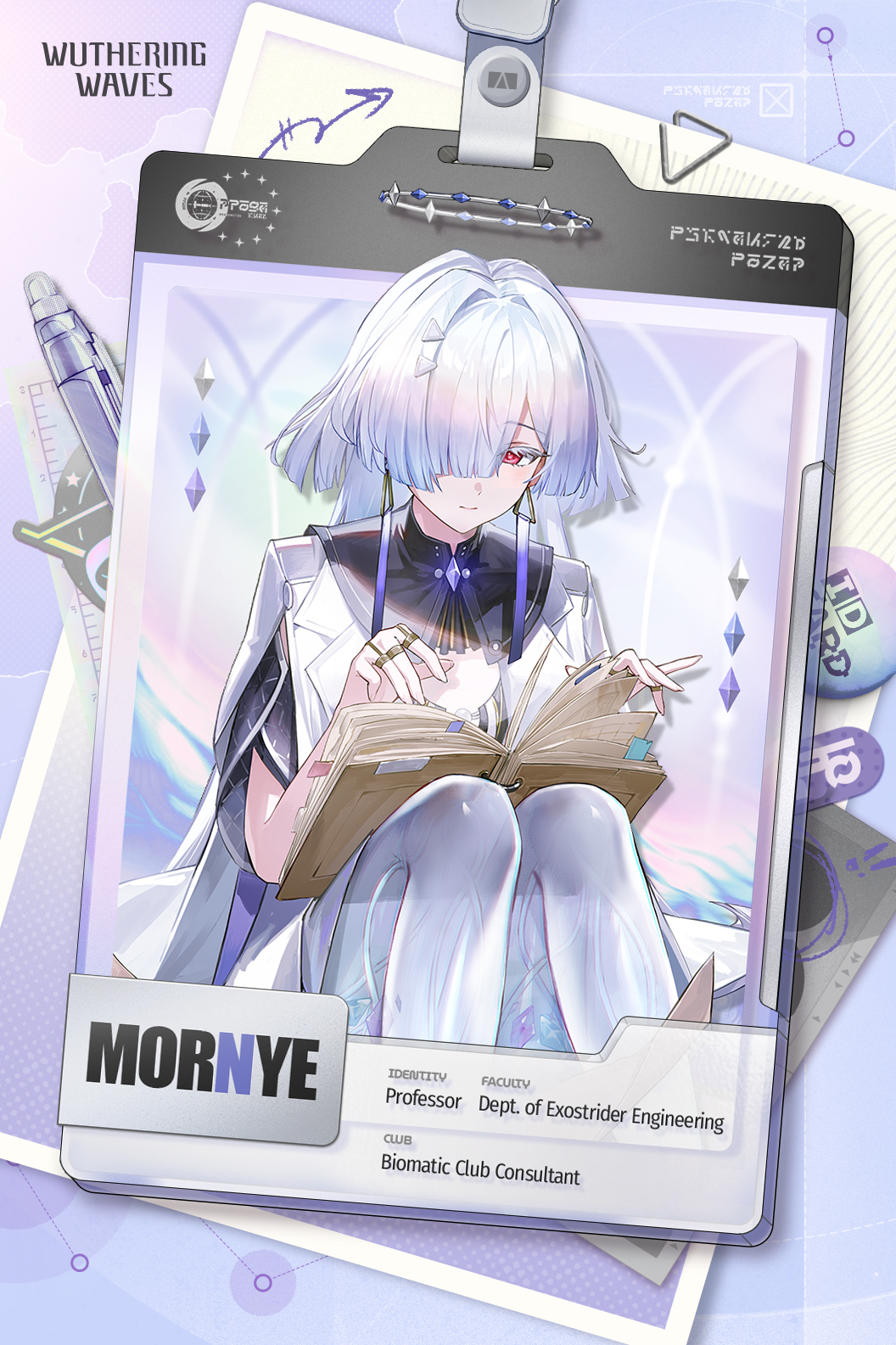 mornye (wuthering waves), wuthering waves, commentary, english commentary, highres, official art, 1girl, book, closed mouth, colored eyelashes, earrings, english text, hair intakes, hair ornament, hair over one eye, halo, id card, jacket, jewelry, knees up, logo, long hair, looking at viewer, multiple rings, open book, red eyes, ring, see-through body, sitting, solo, triangle earrings, white jacket