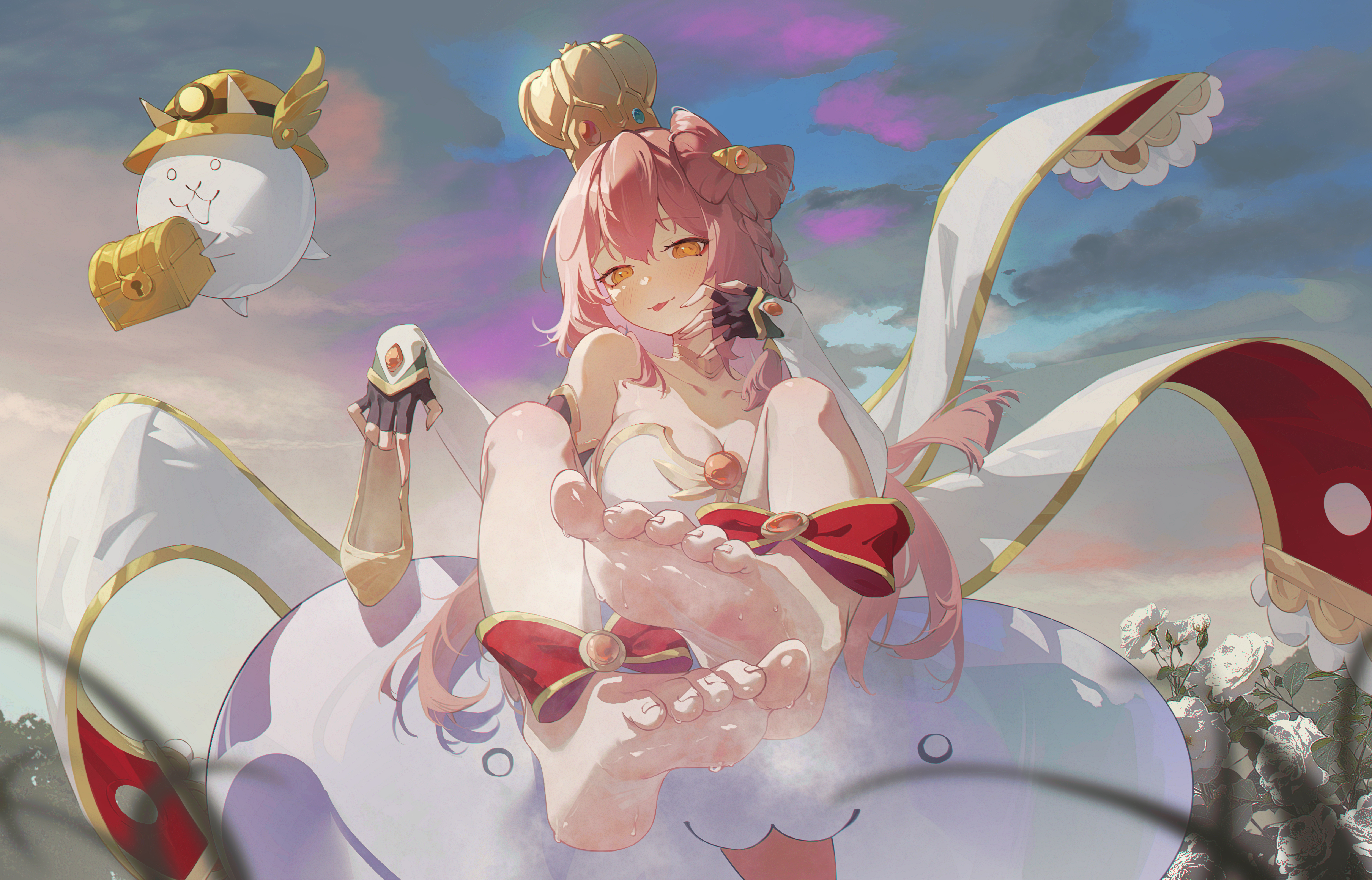 xiaowu satoru, kanna (nyanko daisensou), nyanko daisensou, absurdres, highres, 1girl, :p, barefoot, blush, breasts, cleavage, crown, feet, holding, holding shoes, holding unworn clothes, long hair, looking at viewer, pink hair, shoes, single shoe, soles, steam, sweat, toes, tongue, tongue out, unworn shoes, yellow eyes