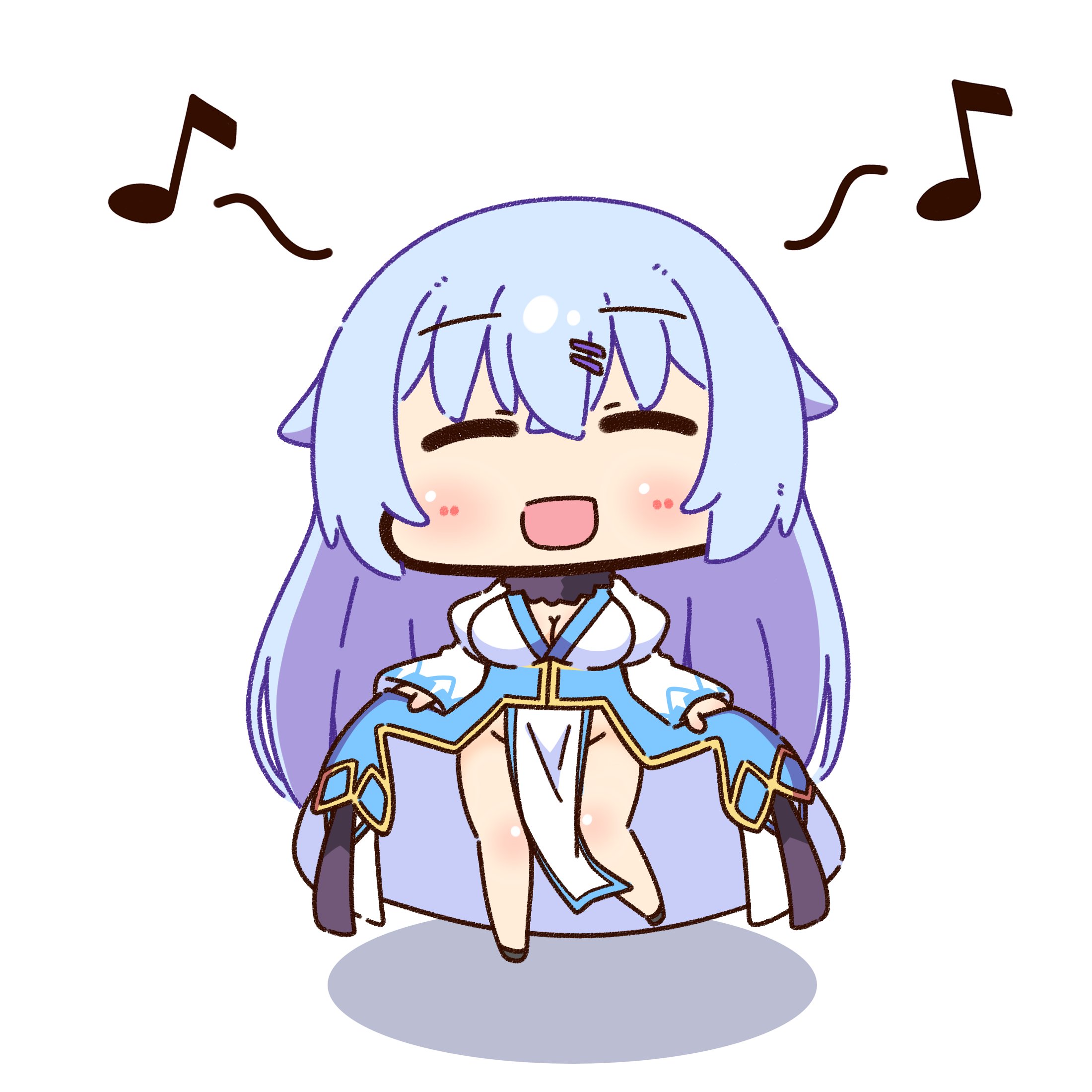 shizukushigure, sorcerer (ragnarok online), ragnarok online, commentary request, highres, 1girl, :d, black shoes, blue dress, blue hair, blush, breasts, chibi, chibi only, cleavage, closed eyes, curtsey, dress, full body, fur collar, gold trim, hair ornament, hairclip, large breasts, layered dress, long hair, music, musical note, no panties, official alternate costume, open mouth, pelvic curtain, shoes, simple background, singing, smile, solo, white background, white dress
