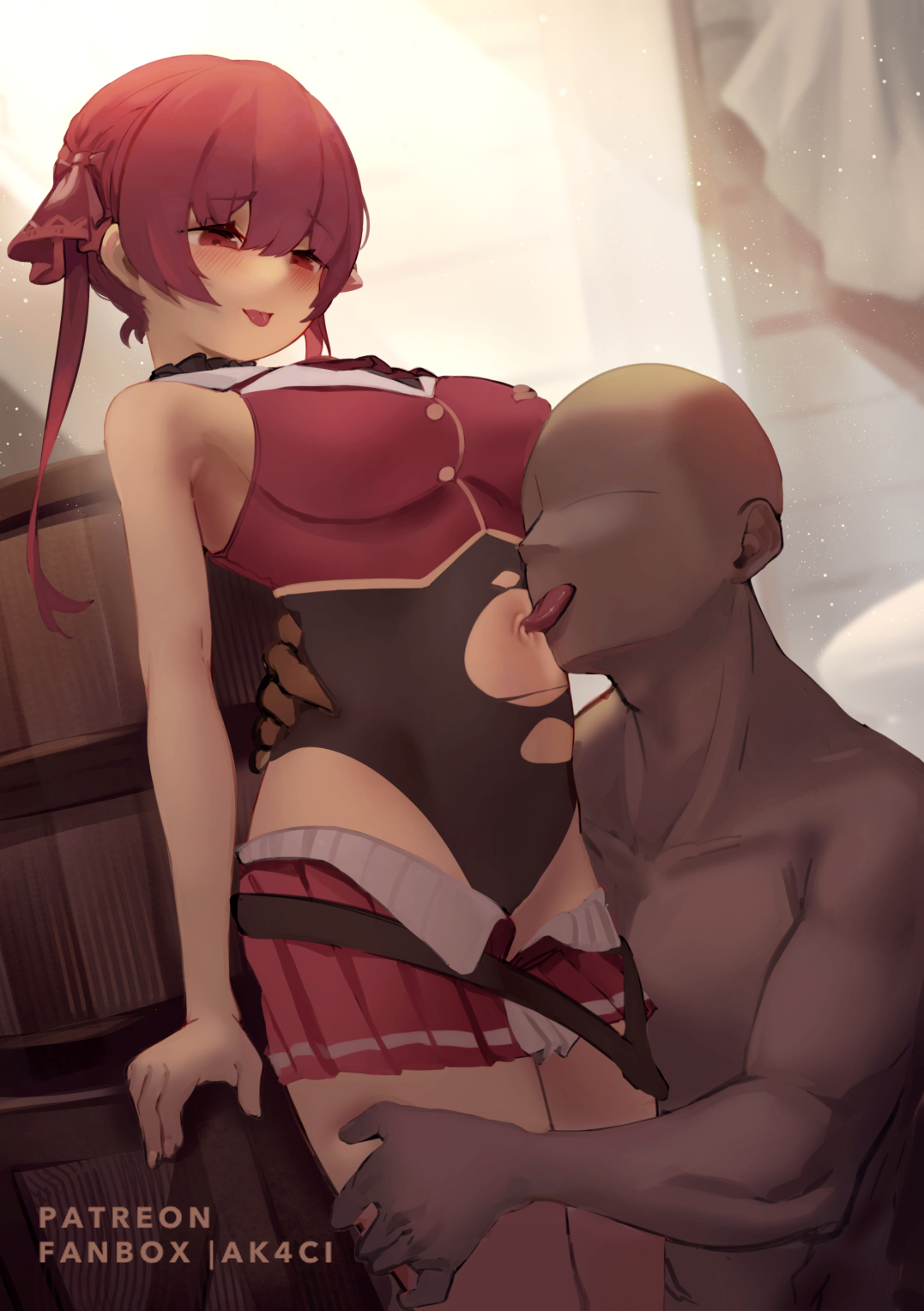 kani fish, houshou marine, houshou marine (1st costume), hololive, highres, 1boy, 1girl, artist name, bald, bare shoulders, belt, black leotard, blush, breasts, clothed female nude male, clothes pull, faceless, faceless male, hair ribbon, hetero, heterochromia, jacket, large breasts, leotard, leotard under clothes, licking, licking navel, long hair, miniskirt, navel, no eyepatch, nude, open mouth, pleated skirt, red eyes, red hair, red jacket, red ribbon, red skirt, ribbon, see-through clothes, see-through leotard, skirt, skirt pull, sleeveless, smile, tongue, tongue out, torn clothes, torn leotard, twintails, virtual youtuber, yellow eyes