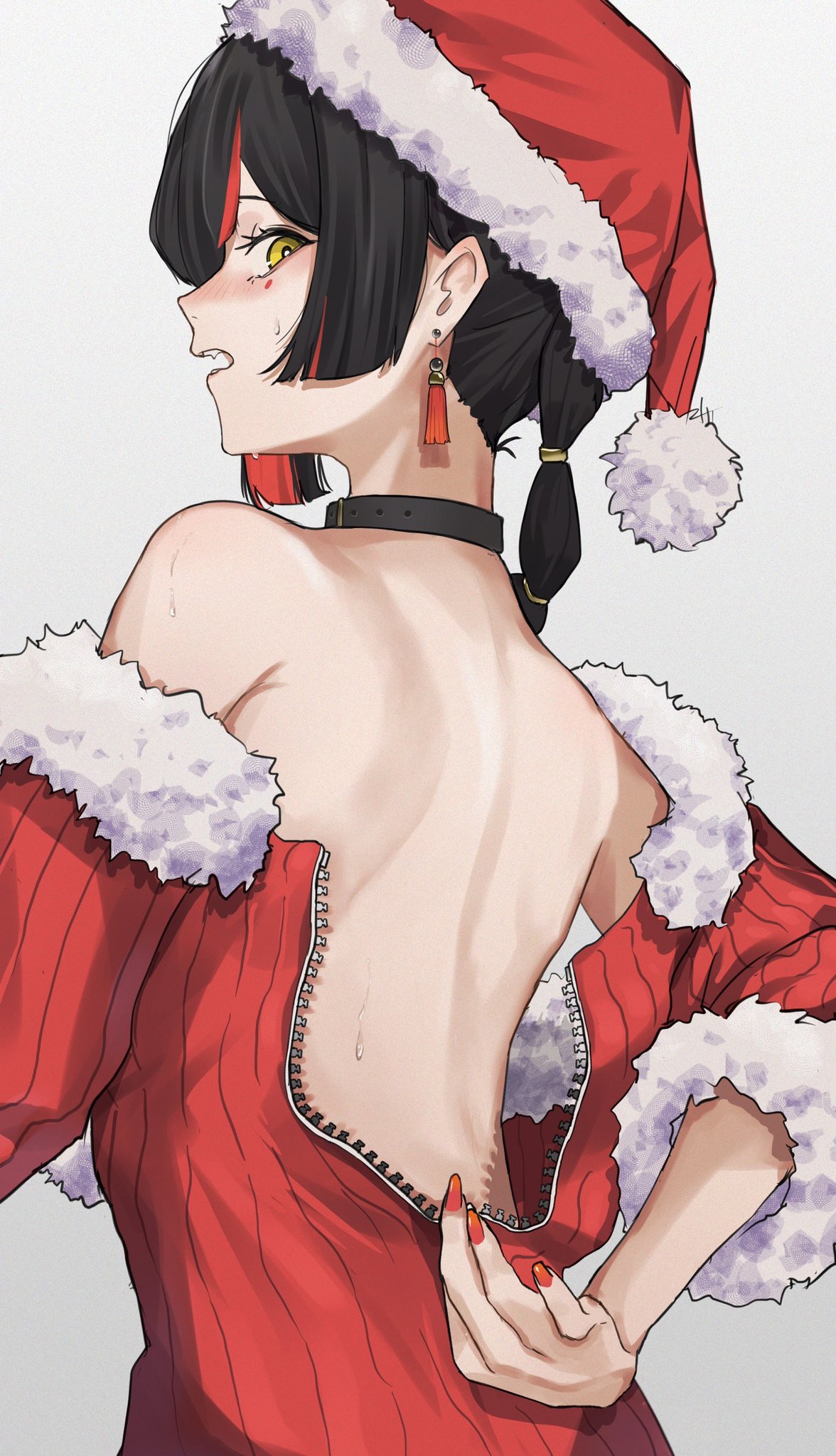 .akuma, choya hanabi, vspo!, highres, 1girl, arm behind back, back zipper, bare back, black collar, black hair, blunt ends, blunt sidelocks, blush, collar, dress, earrings, facial mark, fang, fur-trimmed dress, fur-trimmed sleeves, fur trim, hair over shoulder, jewelry, looking back, medium hair, multi-tied hair, multicolored hair, nail polish, no bra, open mouth, red hair, red nails, santa costume, santa dress, sidelocks, solo, streaked hair, sweatdrop, tassel, tassel earrings, virtual youtuber, wardrobe malfunction, yellow eyes, zipper dress