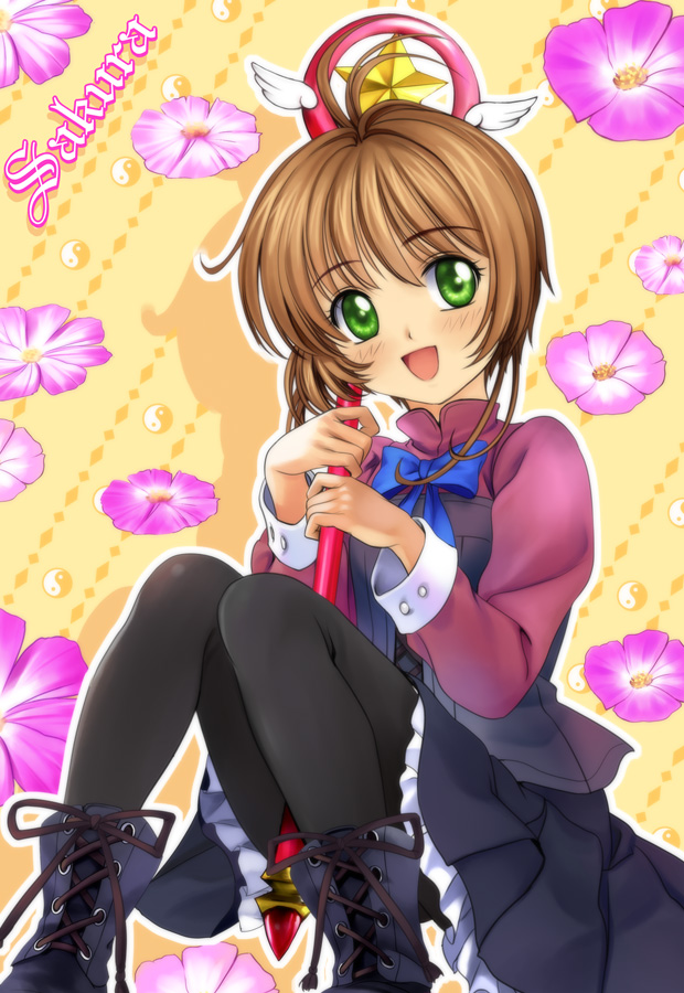 mutsuki (moonknives), kinomoto sakura, cardcaptor sakura, kodansha, 1990s (style), 1girl, ahoge, antenna hair, black pantyhose, blush, boots, bow, brown hair, character name, child, female focus, flower, green eyes, hoshi no tsue, lace-up boots, magical girl, open mouth, pantyhose, retro artstyle, sitting, skirt, solo, wand, yin yang