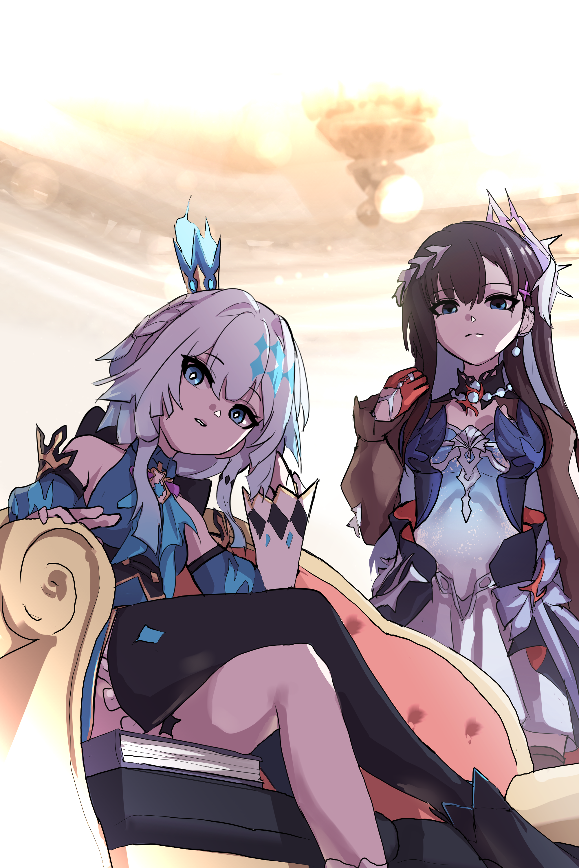 cerydra (honkai: star rail), hysilens (honkai: star rail), honkai: star rail, honkai (series), absurdres, highres, 2girls, ascot, bare shoulders, black thighhighs, blue ascot, blue dress, blue eyes, blue hair, book, breasts, chair, couch, crossed legs, crown, detached sleeves, dress, earrings, gloves, hair intakes, hair ornament, hair ribbon, jewelry, large breasts, legs, long hair, long sleeves, looking at viewer, looking down, mini crown, multicolored hair, multiple girls, on chair, red gloves, ribbon, sanghanchokko, sitting, thighhighs, very long hair, white hair