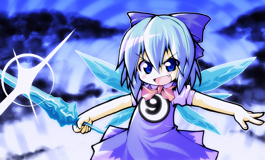 meta ooyake, cirno, phantasmagoria of flower view, touhou, 1girl, blue eyes, blue hair, bow, circled 9, crystal sword, fang, female focus, hair bow, ice, matching hair/eyes, outstretched arms, short hair, solo, spread arms, sword, weapon, wings