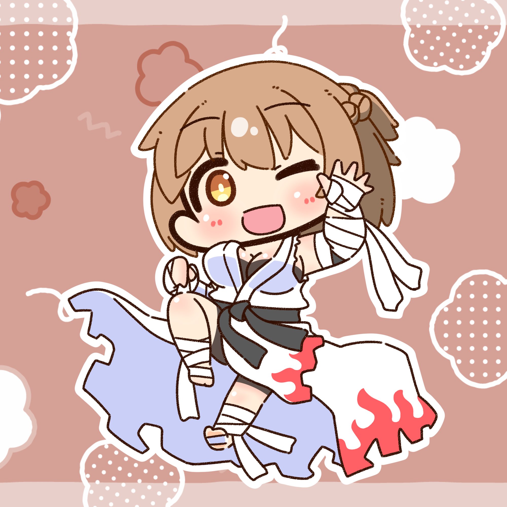 shizukushigure, sura (ragnarok online), ragnarok online, commentary request, highres, 1girl, :d, arm up, arm wrap, barefoot, black shorts, blush, braid, breasts, brown background, chibi, chibi only, cleavage, foot wraps, full body, grin, half up braid, large breasts, looking at viewer, official alternate costume, one eye closed, open mouth, shirt, short hair, shorts, sleeveless, sleeveless shirt, smile, solo, white shirt, yellow eyes