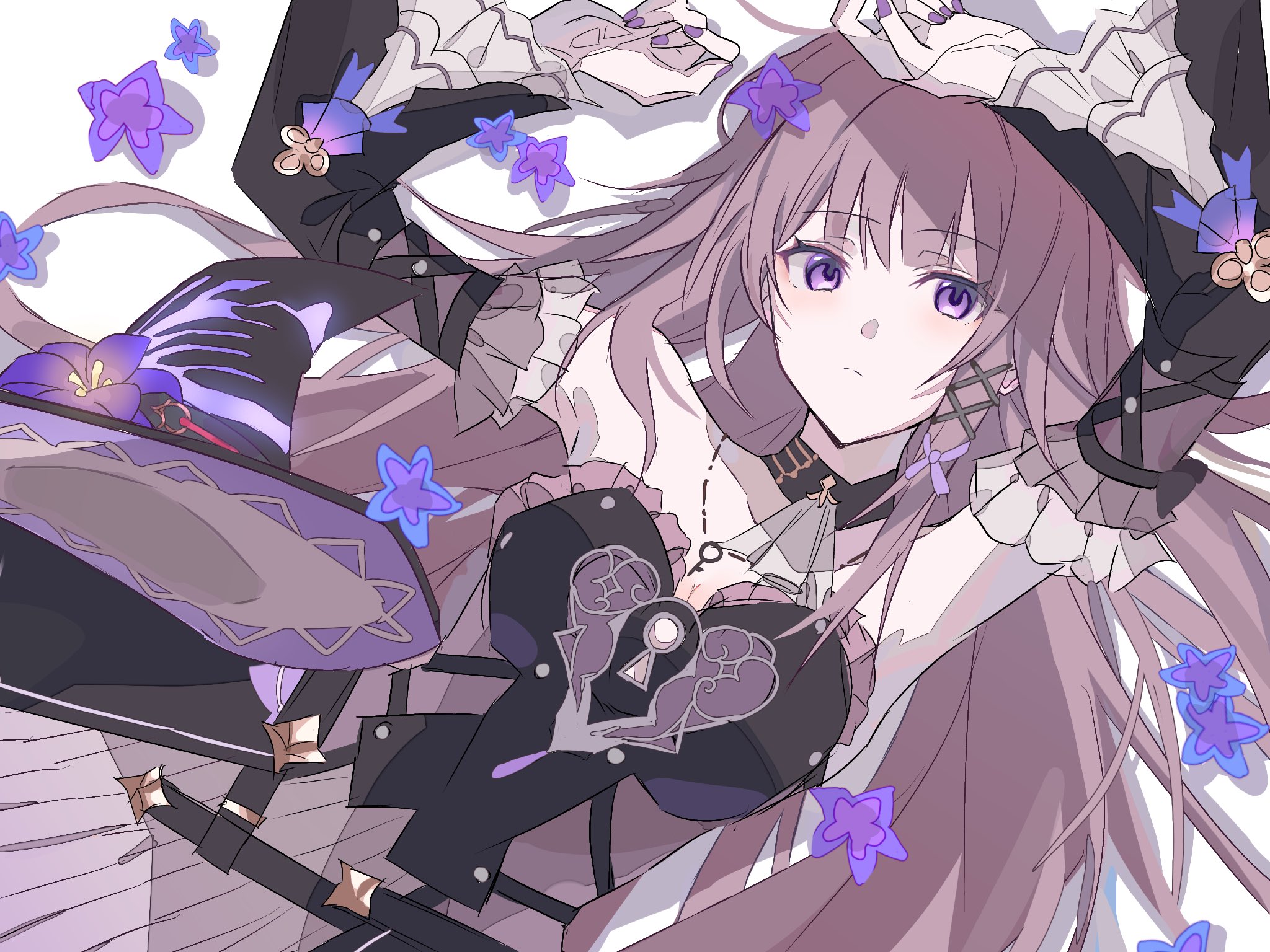 herta (honkai: star rail), the herta (honkai: star rail), honkai: star rail, honkai (series), hashtag-only commentary, highres, 1girl, brown hair, den dendayo, flower, hair between eyes, hair flower, hair ornament, jewelry, key, key necklace, long hair, looking at viewer, nail polish, necklace, no headwear, purple eyes, purple flower