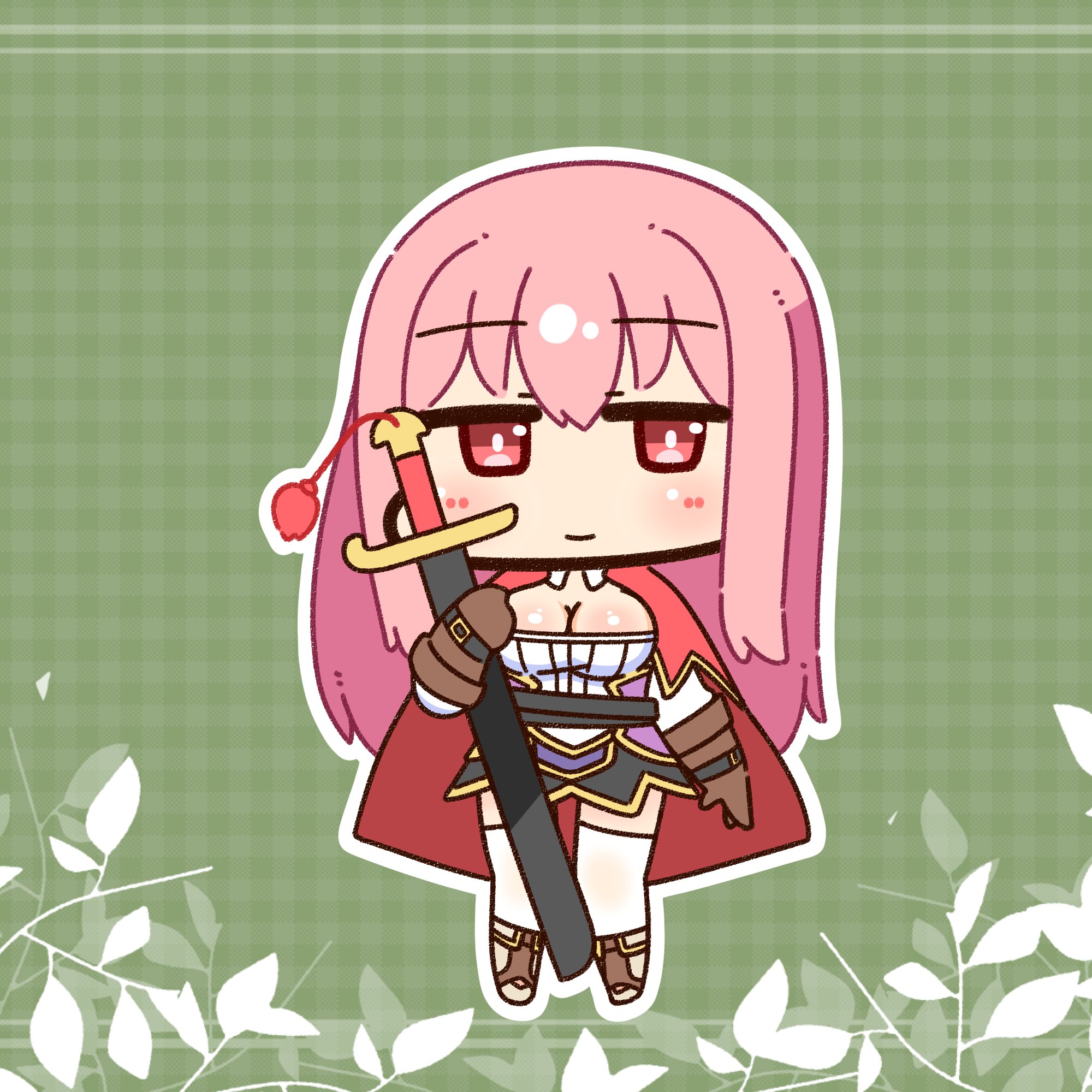 shizukushigure, biolo (ragnarok online), ragnarok online, commentary request, highres, 1girl, black skirt, blush, boots, breasts, brown boots, brown gloves, cape, chibi, chibi only, cleavage, closed mouth, full body, gingham background, gloves, green background, holding, holding sword, holding weapon, large breasts, long hair, looking at viewer, pink hair, pommel tassel, red cape, red eyes, shirt, skirt, smile, solo, sword, thighhighs, weapon, white shirt, white thighhighs