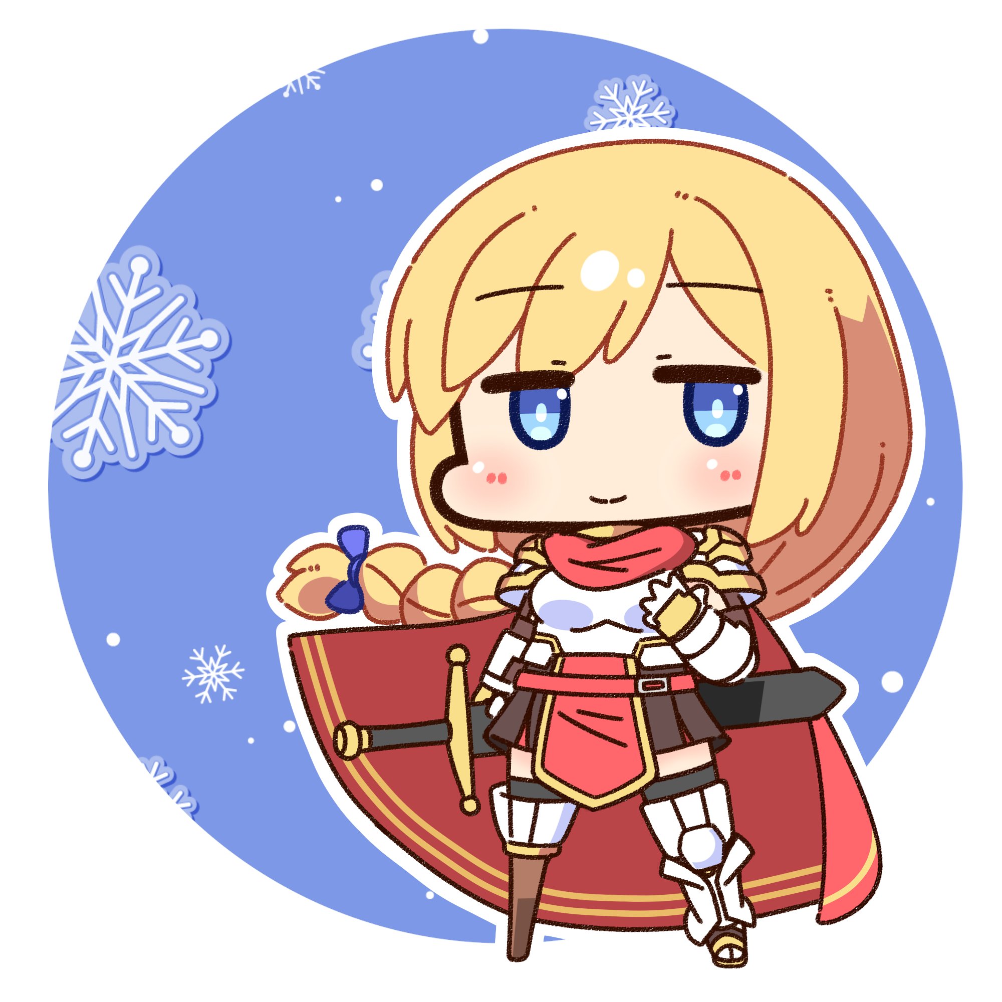 shizukushigure, rune knight (ragnarok online), ragnarok online, commentary request, highres, 1girl, amputee, armor, armored boots, black skirt, black thighhighs, blonde hair, blue eyes, blush, boots, braid, breastplate, cape, chibi, chibi only, closed mouth, full body, gauntlets, holding, holding sword, holding weapon, long hair, looking at viewer, peg leg, red cape, single braid, skirt, smile, snowflakes, solo, sword, thighhighs, weapon, white background