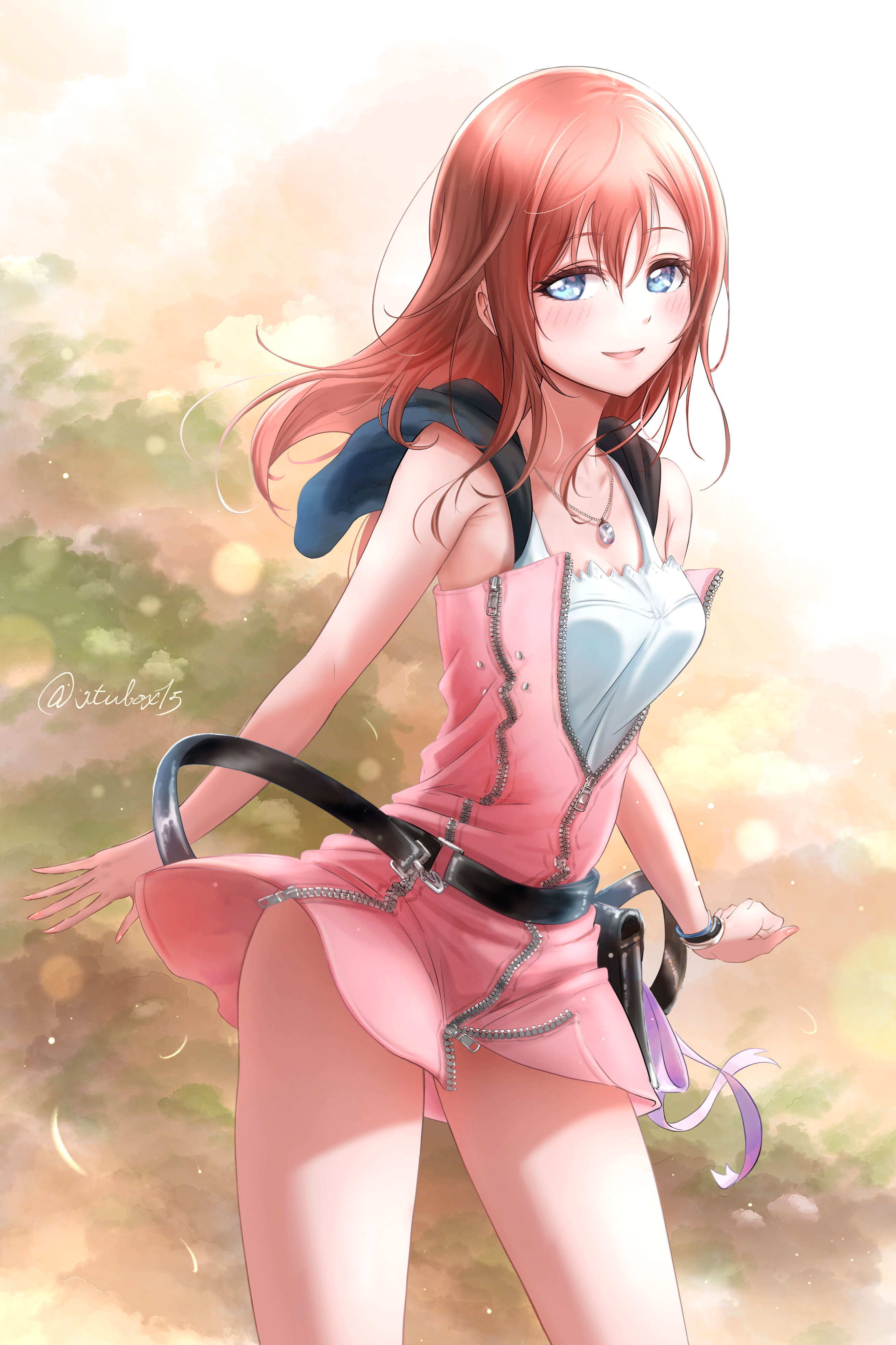 stubox15, kairi (kingdom hearts), kingdom hearts, kingdom hearts ii, absurdres, commentary request, highres, 1girl, bare shoulders, blue eyes, blush, floating hair, hair between eyes, hood, hood down, jewelry, long hair, looking at viewer, necklace, open mouth, red hair, smile, solo, twitter username